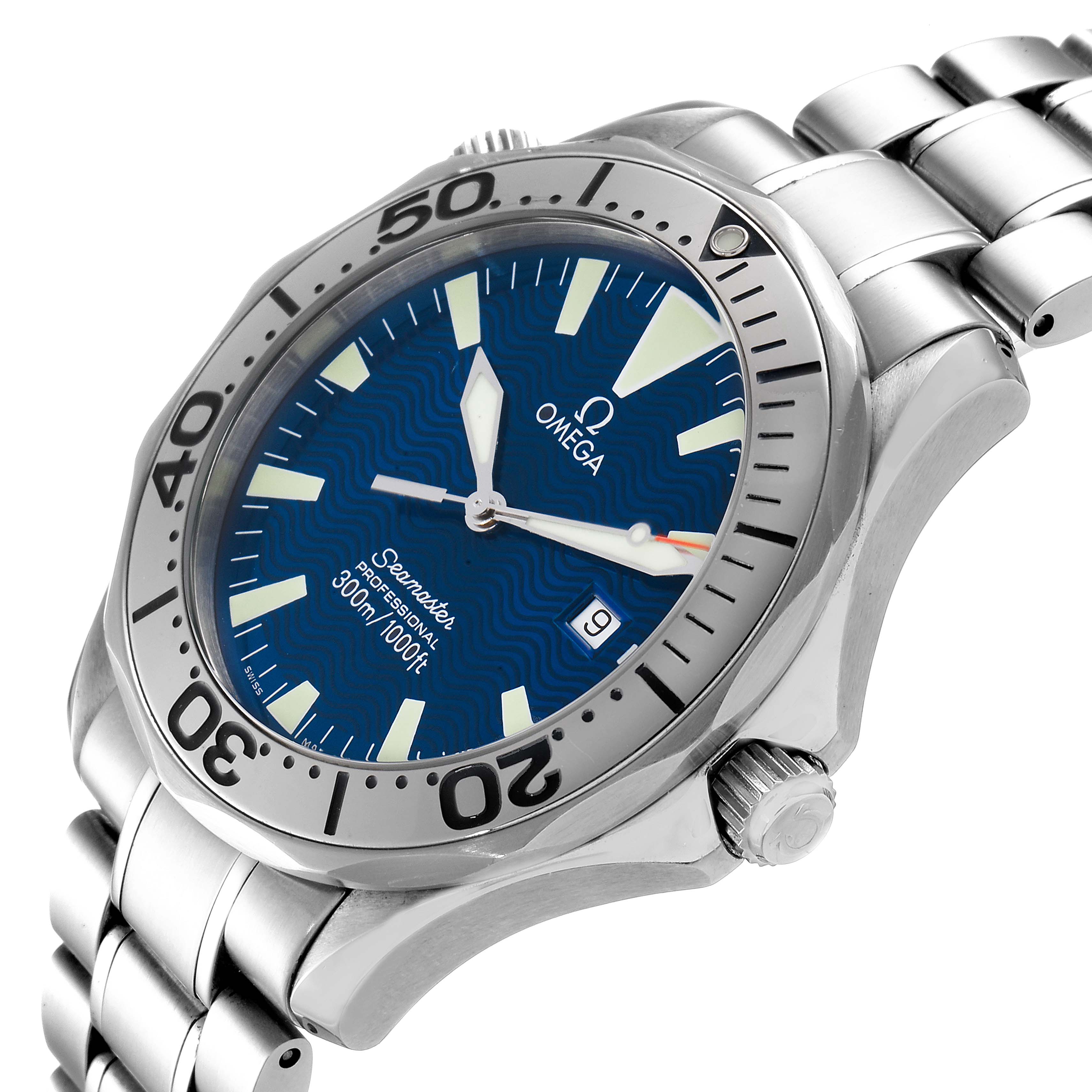 The image shows an Omega Seamaster 2265.80.00 Men
s Stainless Steel Blue Dial 2265.80.00 Men
s Stainless Steel Blue Dial watch at a slight angle, highlighting the dial, bracelet, bezel, and crown.