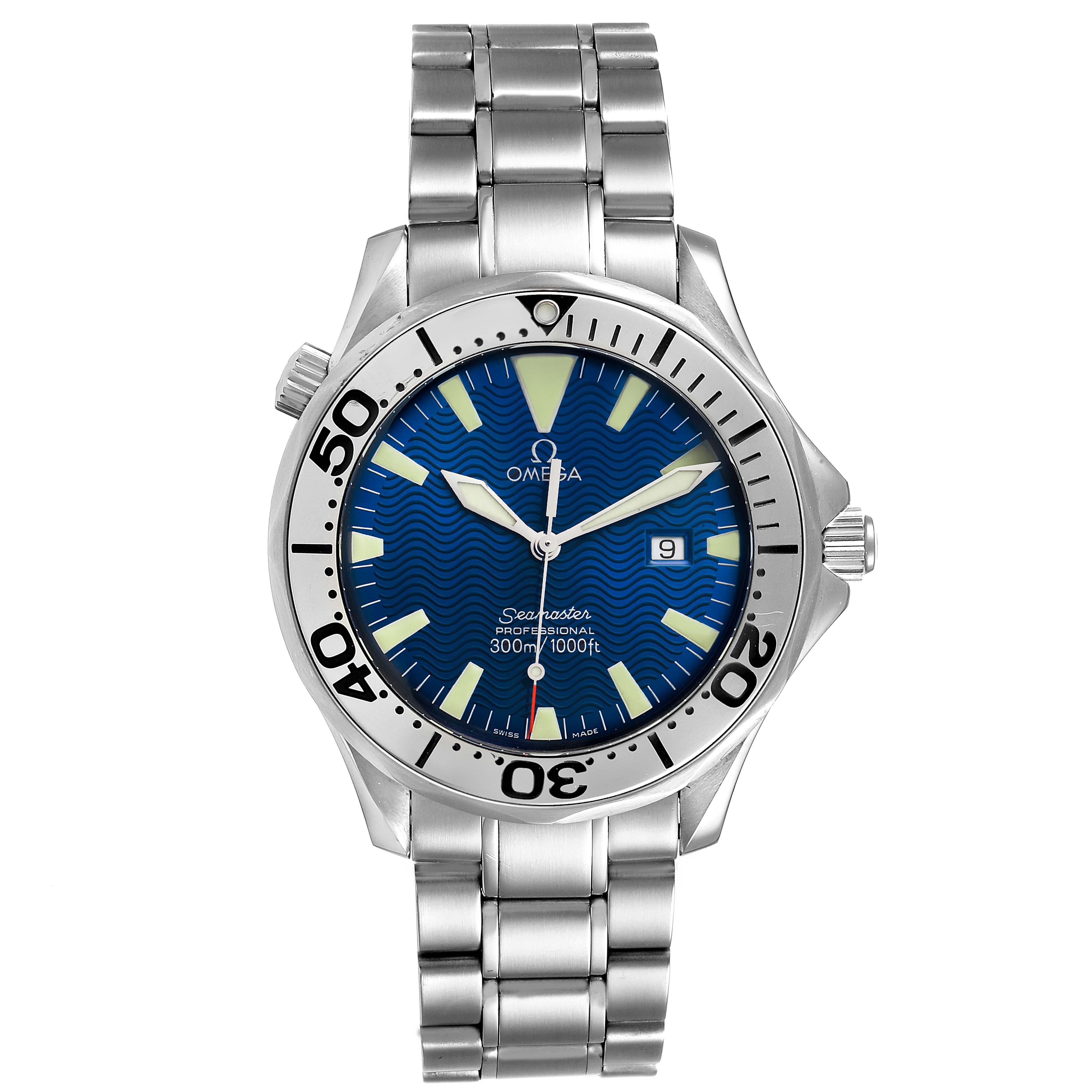 The Omega Seamaster 2265.80.00 Men
s Stainless Steel Blue Dial 2265.80.00 Men
s Stainless Steel Blue Dial watch is shown from the front, highlighting its blue dial, bezel, and metal bracelet.