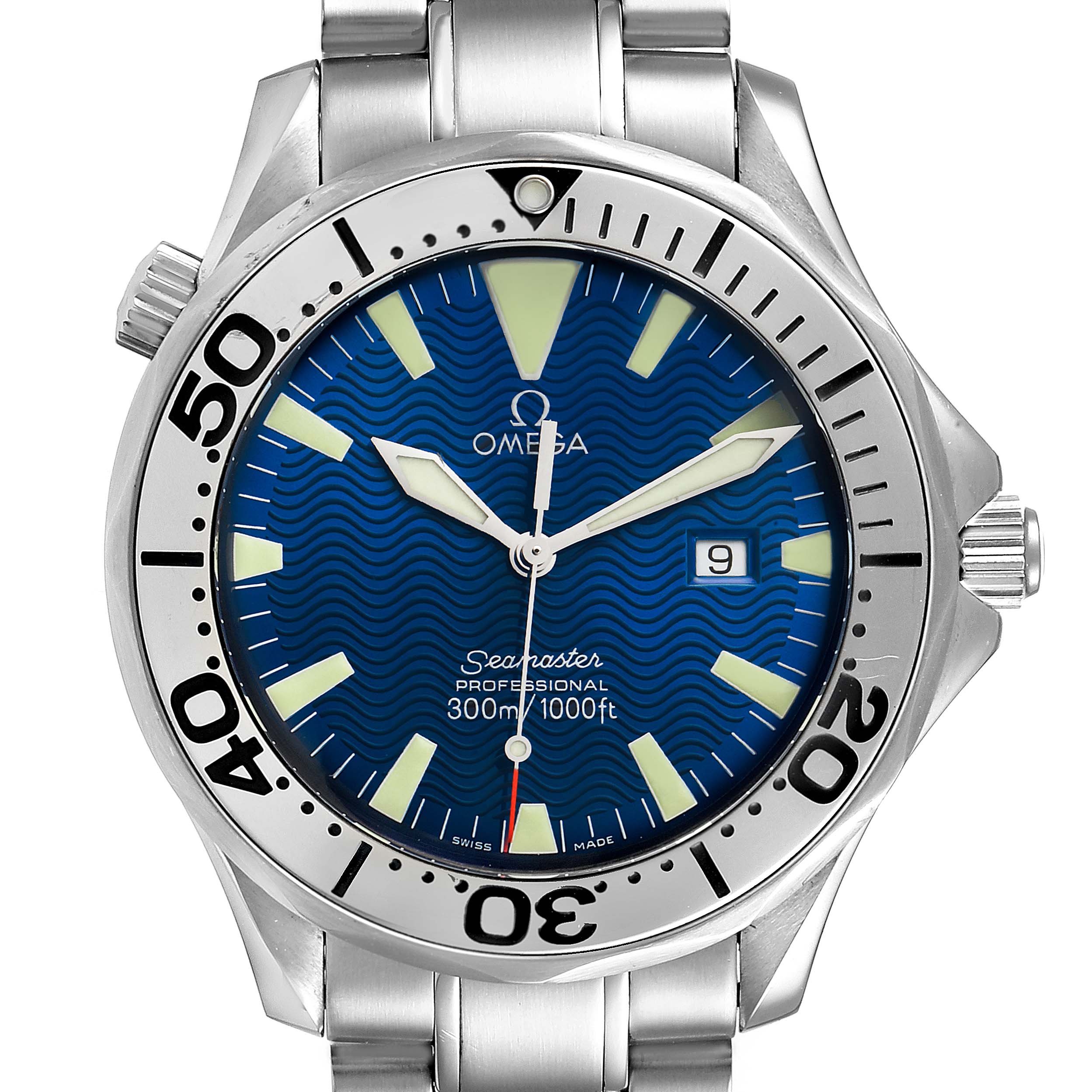 The image shows a front view of an Omega Seamaster 2265.80.00 Men
s Stainless Steel Blue Dial 2265.80.00 Men
s Stainless Steel Blue Dial watch, featuring a blue dial, bezel, and metal bracelet.