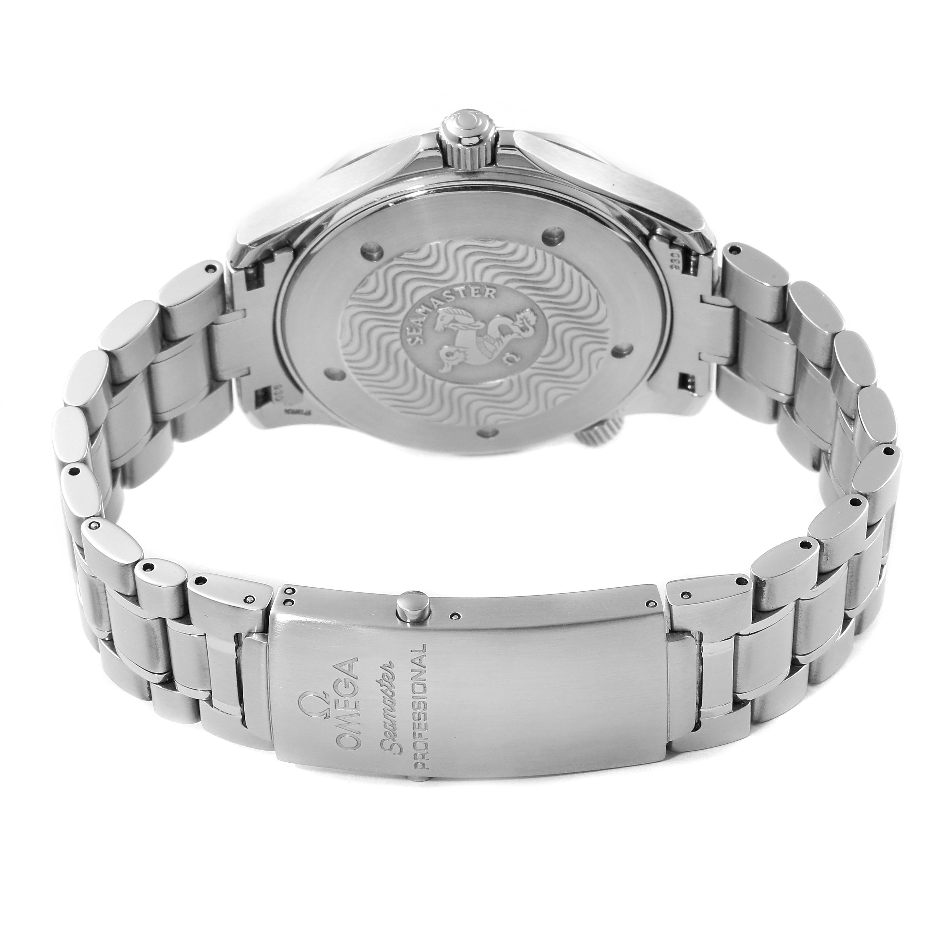 This image shows the back view of an Omega Seamaster 2265.80.00 Men
s Stainless Steel Blue Dial 2265.80.00 Men
s Stainless Steel Blue Dial watch, highlighting the case back and stainless steel bracelet with clasp.