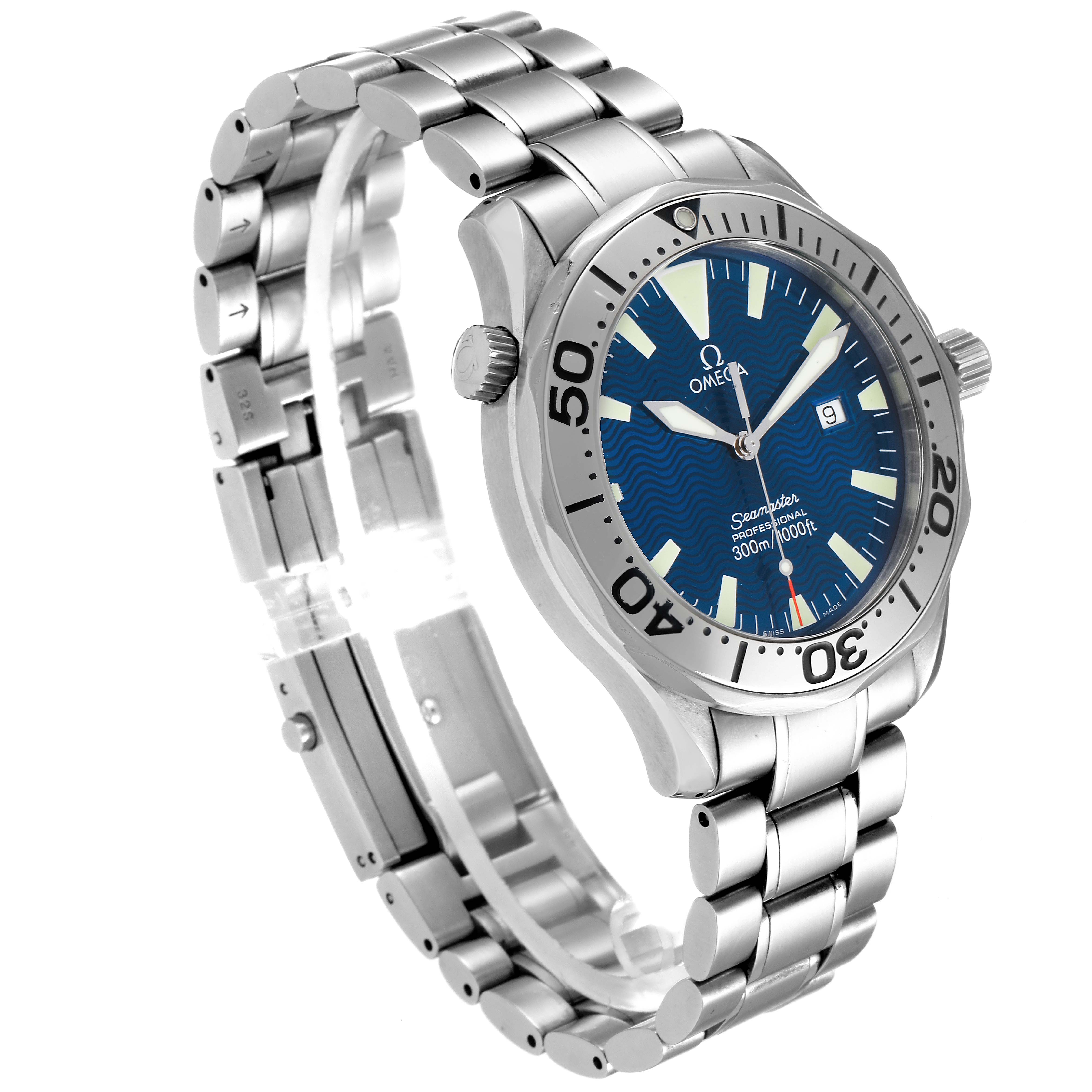 The Omega Seamaster 2265.80.00 Men
s Stainless Steel Blue Dial 2265.80.00 Men
s Stainless Steel Blue Dial watch is shown at an oblique angle, highlighting its stainless steel bracelet, bezel, and blue dial.