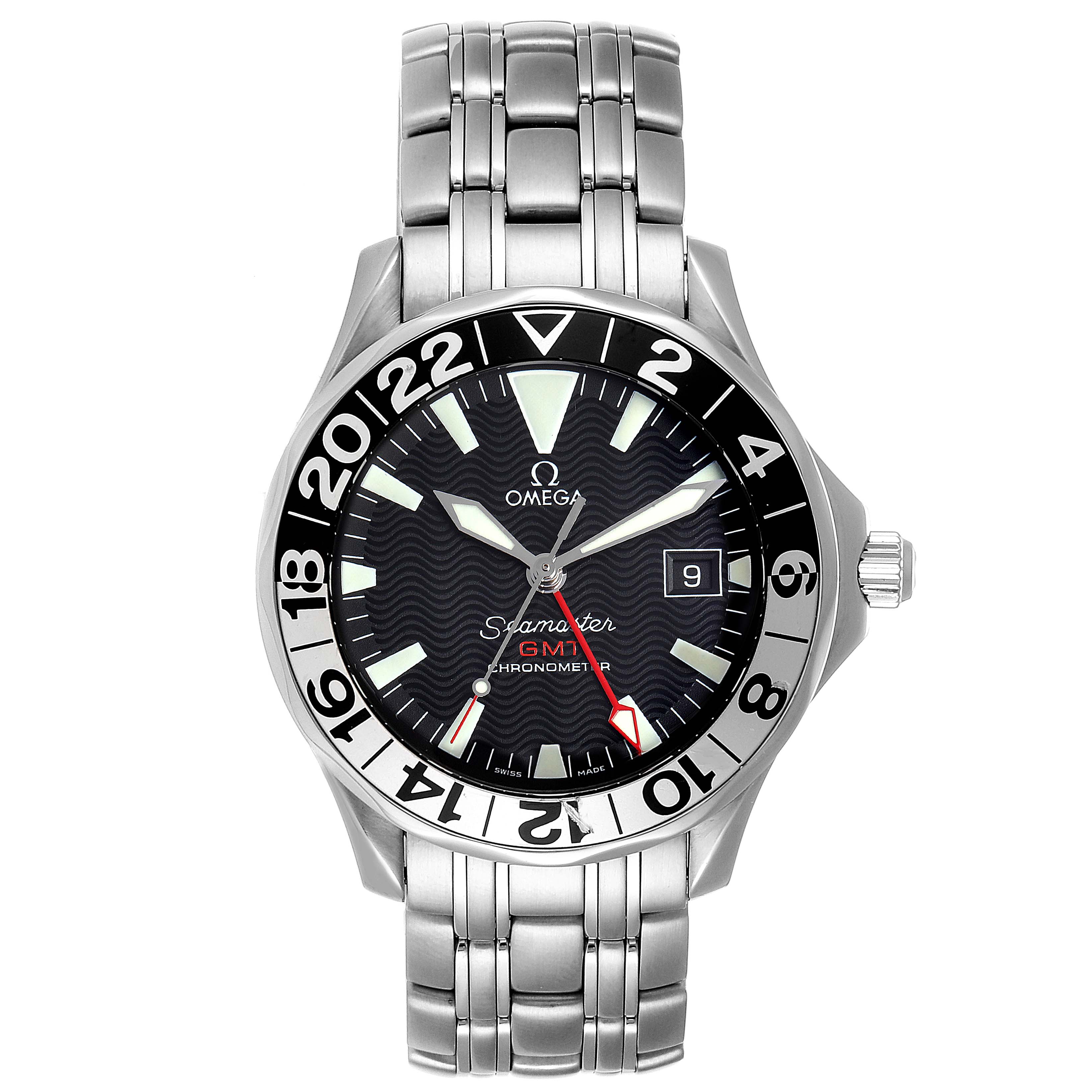 The Omega Seamaster 2534.50.00 Men
s Stainless Steel Black Dial 2534.50.00 Men
s Stainless Steel Black Dial watch is shown from the front, displaying its dial, bezel, and stainless steel bracelet.
