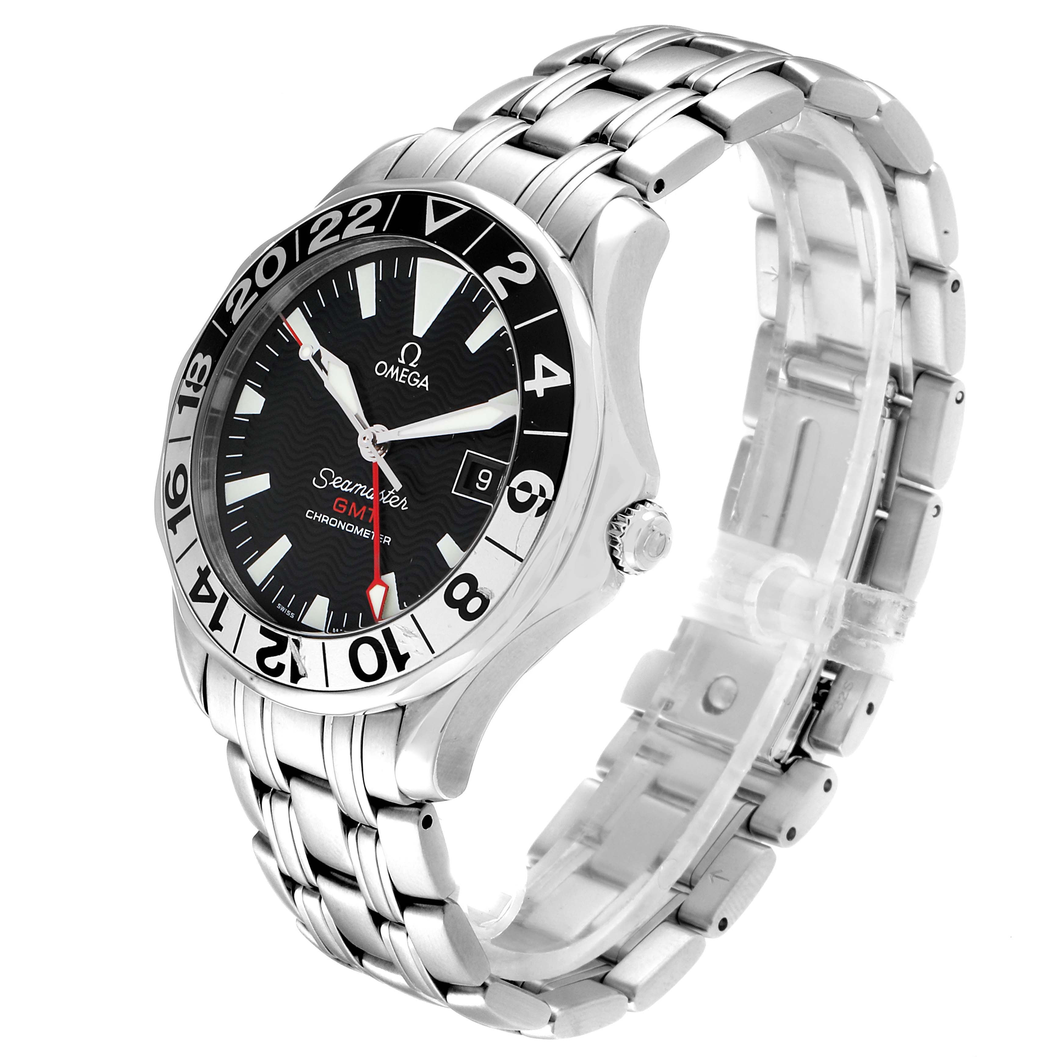 The image shows an Omega Seamaster 2534.50.00 Men
s Stainless Steel Black Dial 2534.50.00 Men
s Stainless Steel Black Dial watch angled to display the face and stainless steel bracelet band.