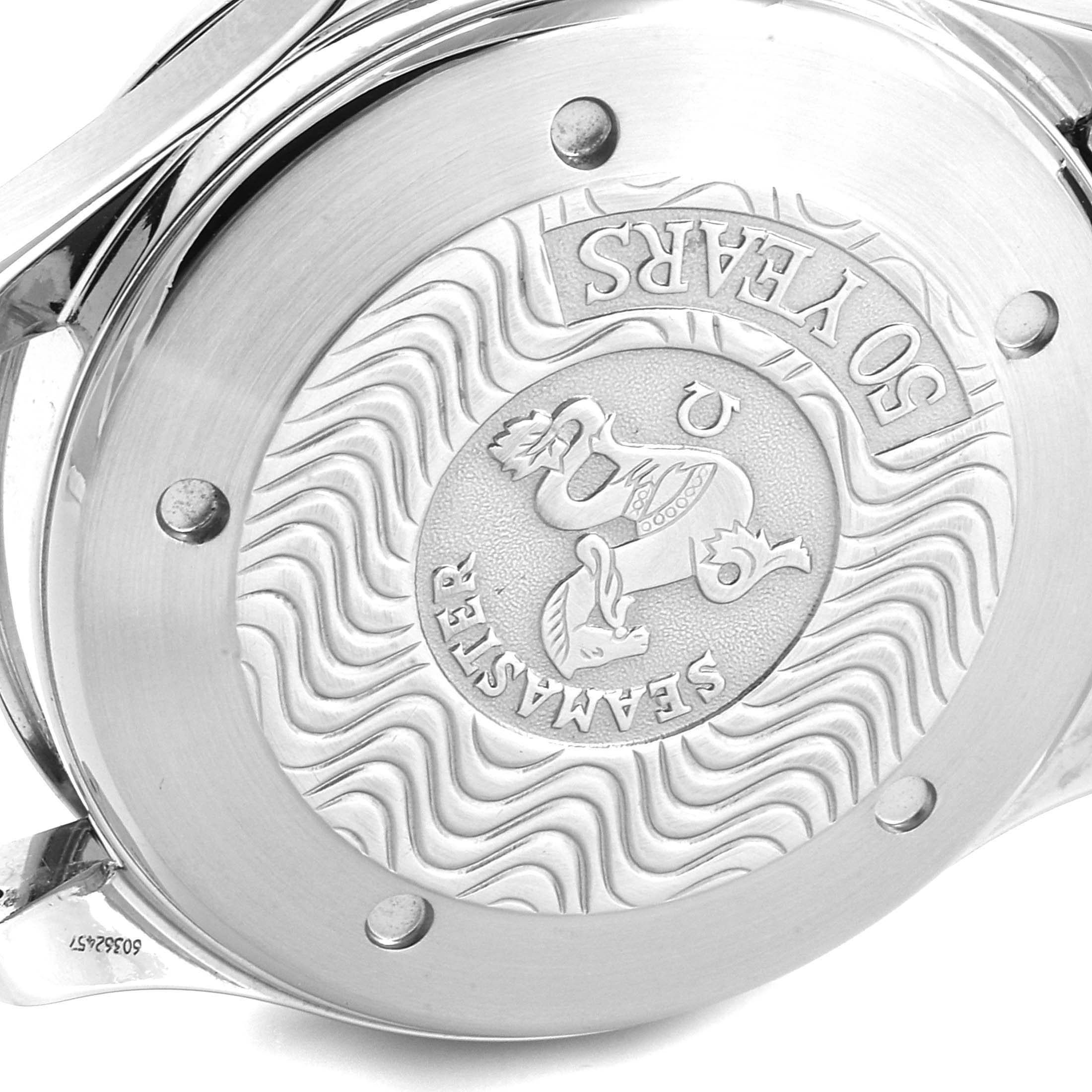 The image shows the case back of the Omega Seamaster 2534.50.00 Men
s Stainless Steel Black Dial 2534.50.00 Men
s Stainless Steel Black Dial watch, featuring an embossed seahorse design and text.