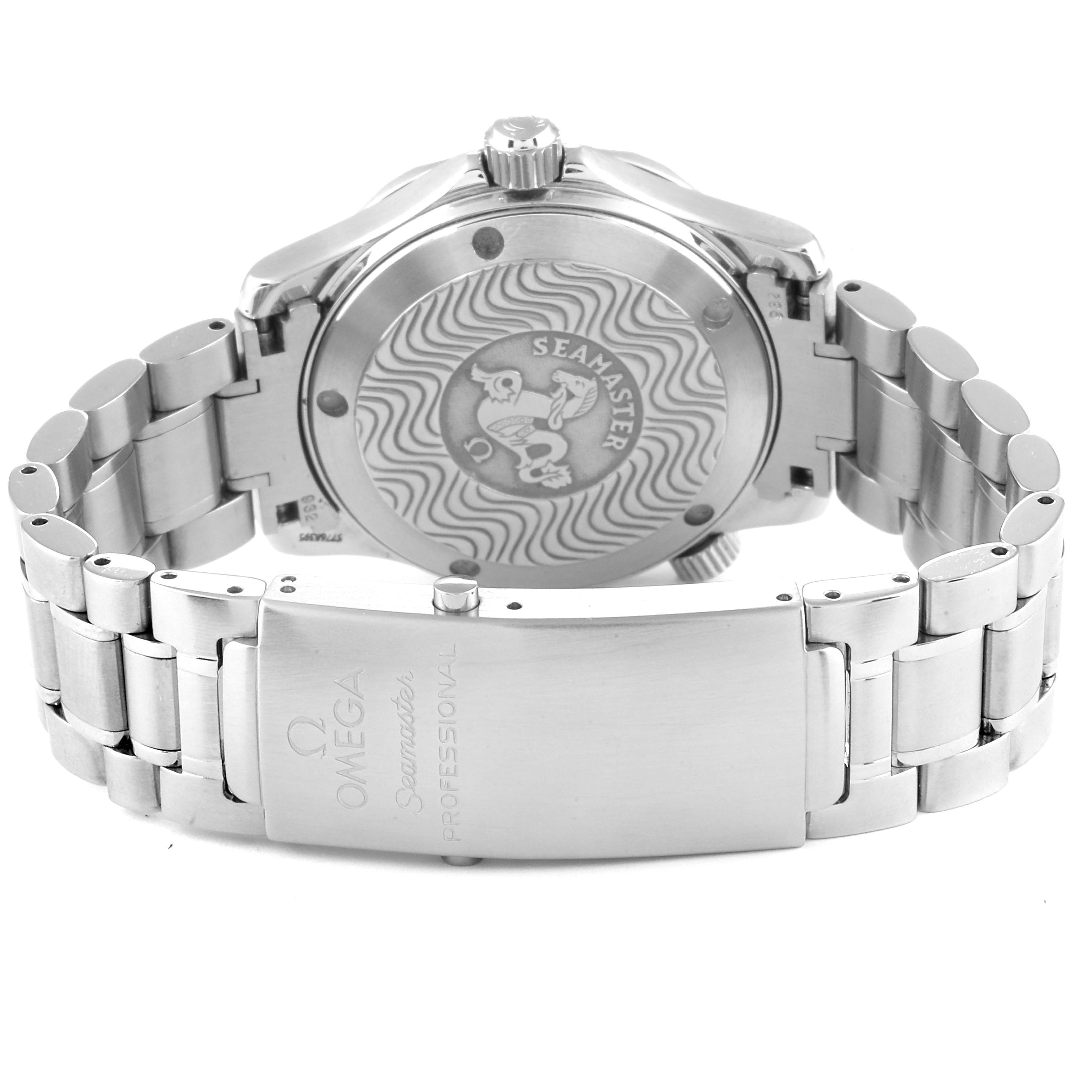 The image shows the back case and bracelet of the Omega Seamaster 2564.50.00 Men
s Stainless Steel Black Dial 2564.50.00 Men
s Stainless Steel Black Dial watch, including the clasp engraved with "Omega Seamaster 2564.50.00 Men
s Stainless Steel Black Dial 2564.50.00 Men
s Stainless Steel Black Dial Professional."