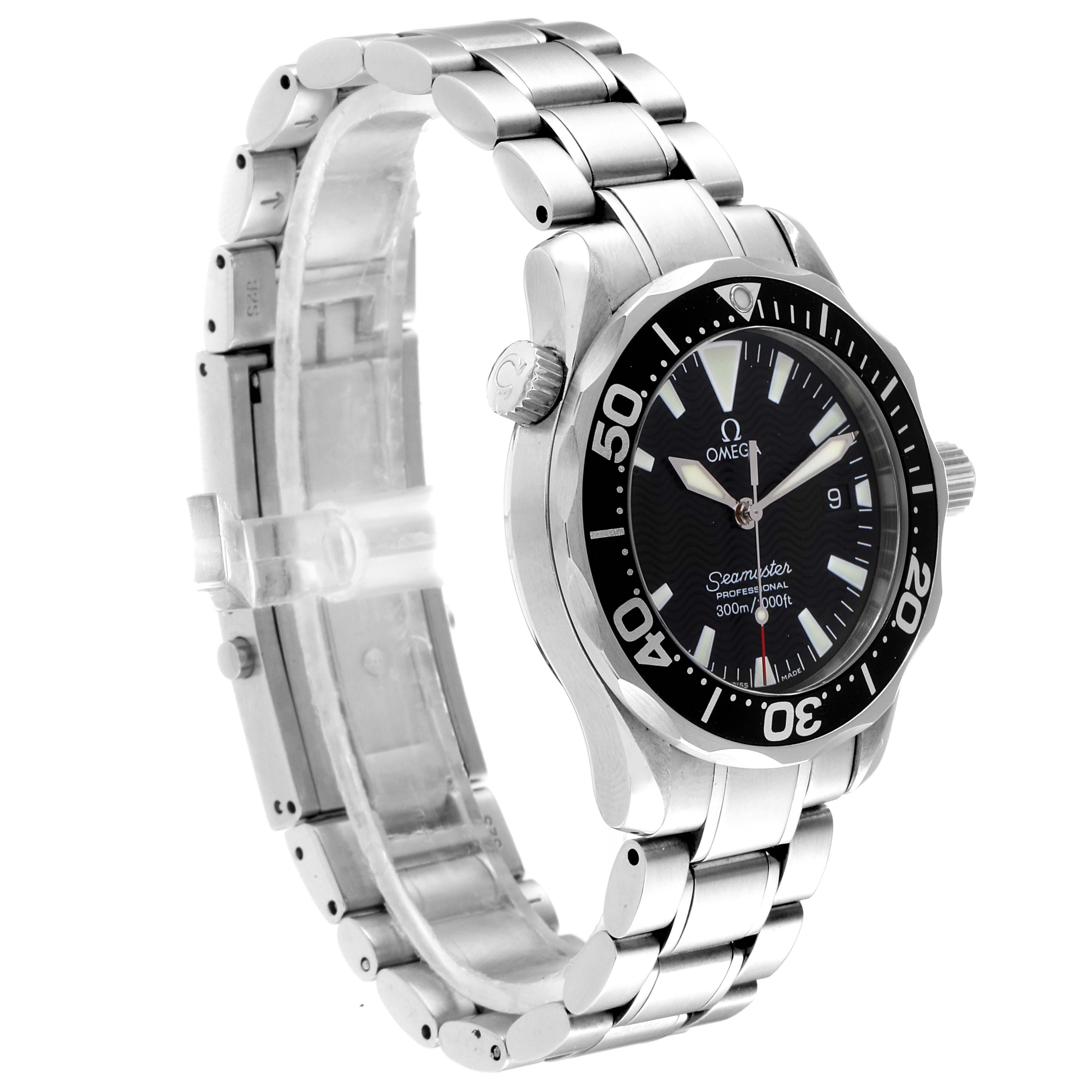 The image shows a side view of the Omega Seamaster 2564.50.00 Men
s Stainless Steel Black Dial 2564.50.00 Men
s Stainless Steel Black Dial watch, highlighting its bracelet, bezel, and crown.