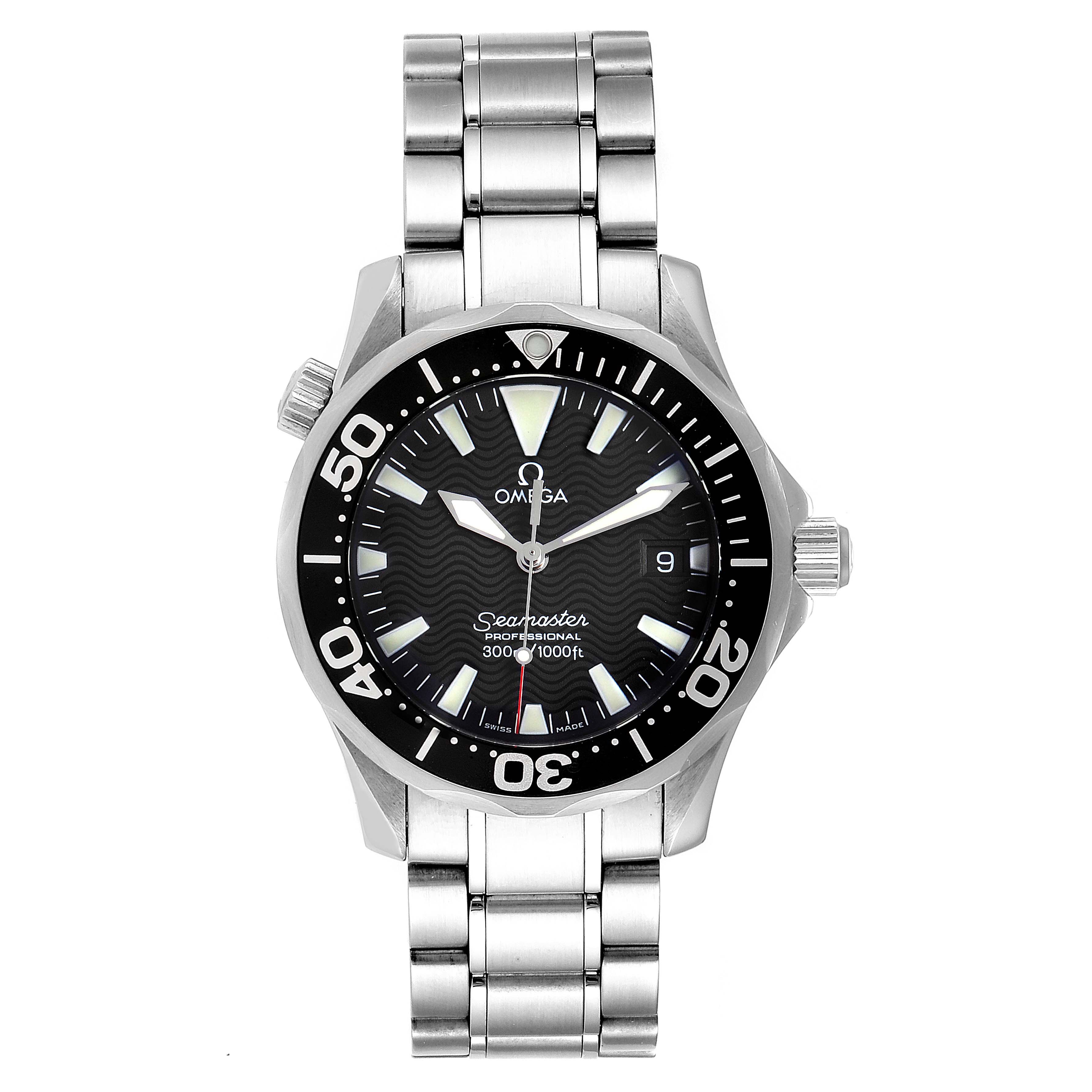 The Omega Seamaster 2564.50.00 Men
s Stainless Steel Black Dial 2564.50.00 Men
s Stainless Steel Black Dial watch is shown from a front view, displaying its face, bezel, crown, and bracelet.