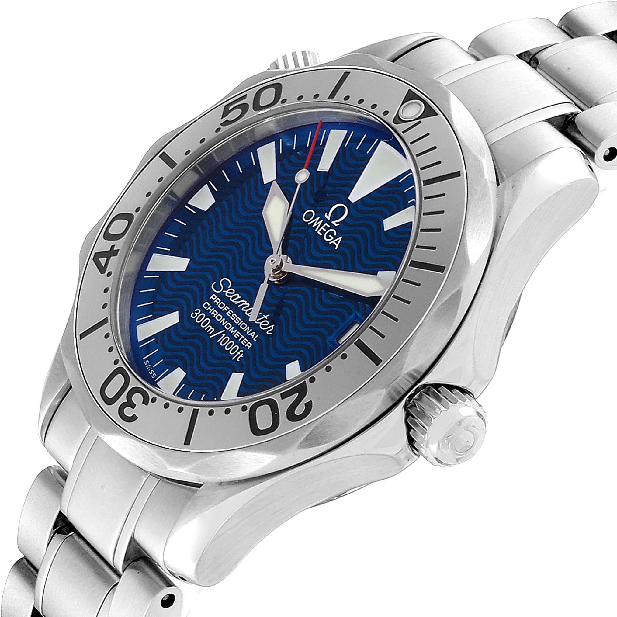 The Omega Seamaster 2553.80.00 Men
s Stainless Steel Blue Dial 2553.80.00 Men
s Stainless Steel Blue Dial watch is shown from a slightly tilted angle, highlighting its face, bezel, and bracelet.
