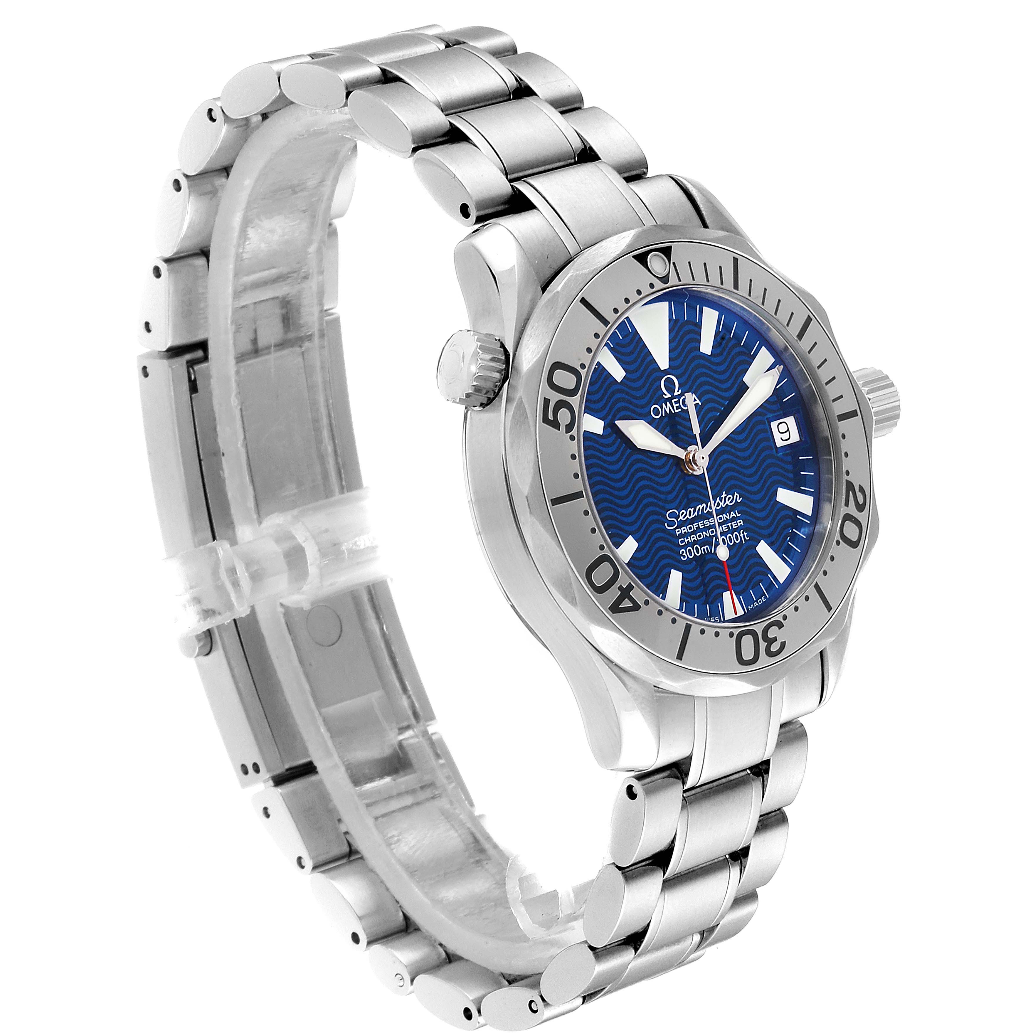 This image shows the Omega Seamaster 2553.80.00 Men
s Stainless Steel Blue Dial 2553.80.00 Men
s Stainless Steel Blue Dial watch at an oblique angle, highlighting the watch face, bezel, crown, and bracelet.