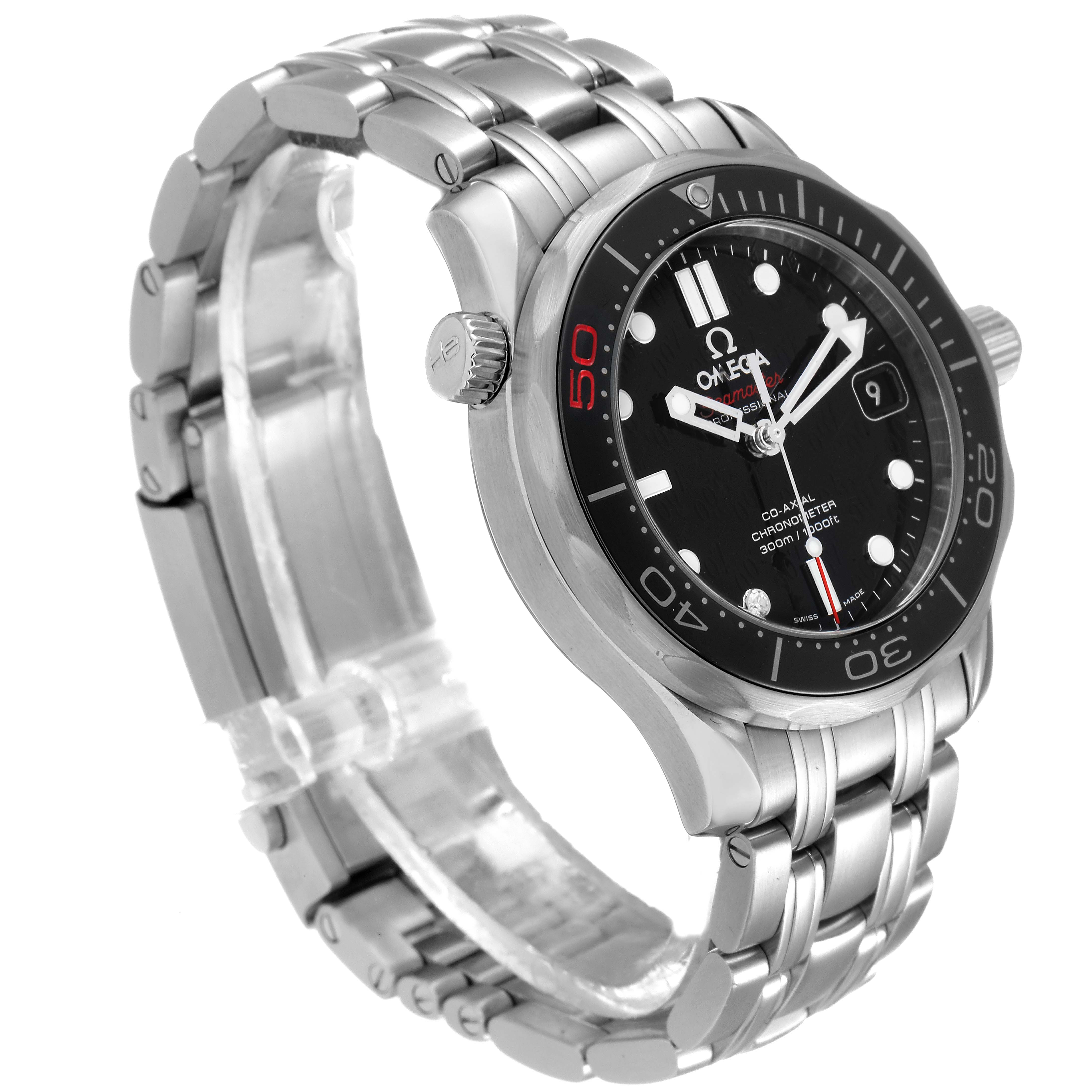 This Omega Seamaster 212.30.36.20.51.001 Men's Stainless Steel Black Dial 212.30.36.20.51.001 Men's Stainless Steel Black Dial watch is shown from a three-quarter angle, highlighting its bezel, dial, case, and metal bracelet.