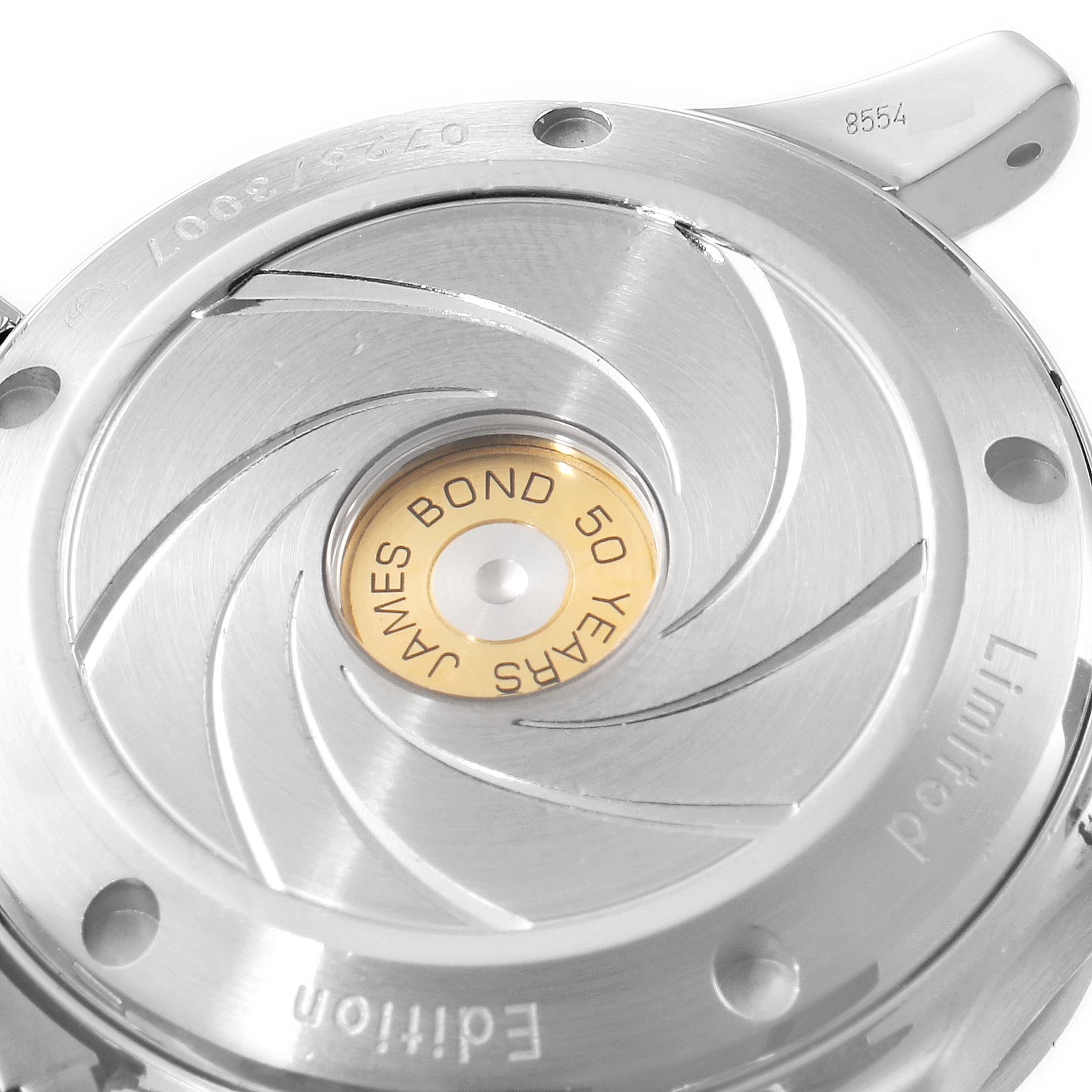 This image shows the caseback of an Omega Seamaster 212.30.36.20.51.001 Men's Stainless Steel Black Dial 212.30.36.20.51.001 Men's Stainless Steel Black Dial watch, featuring a "James Bond 50 Years" limited edition engraving.