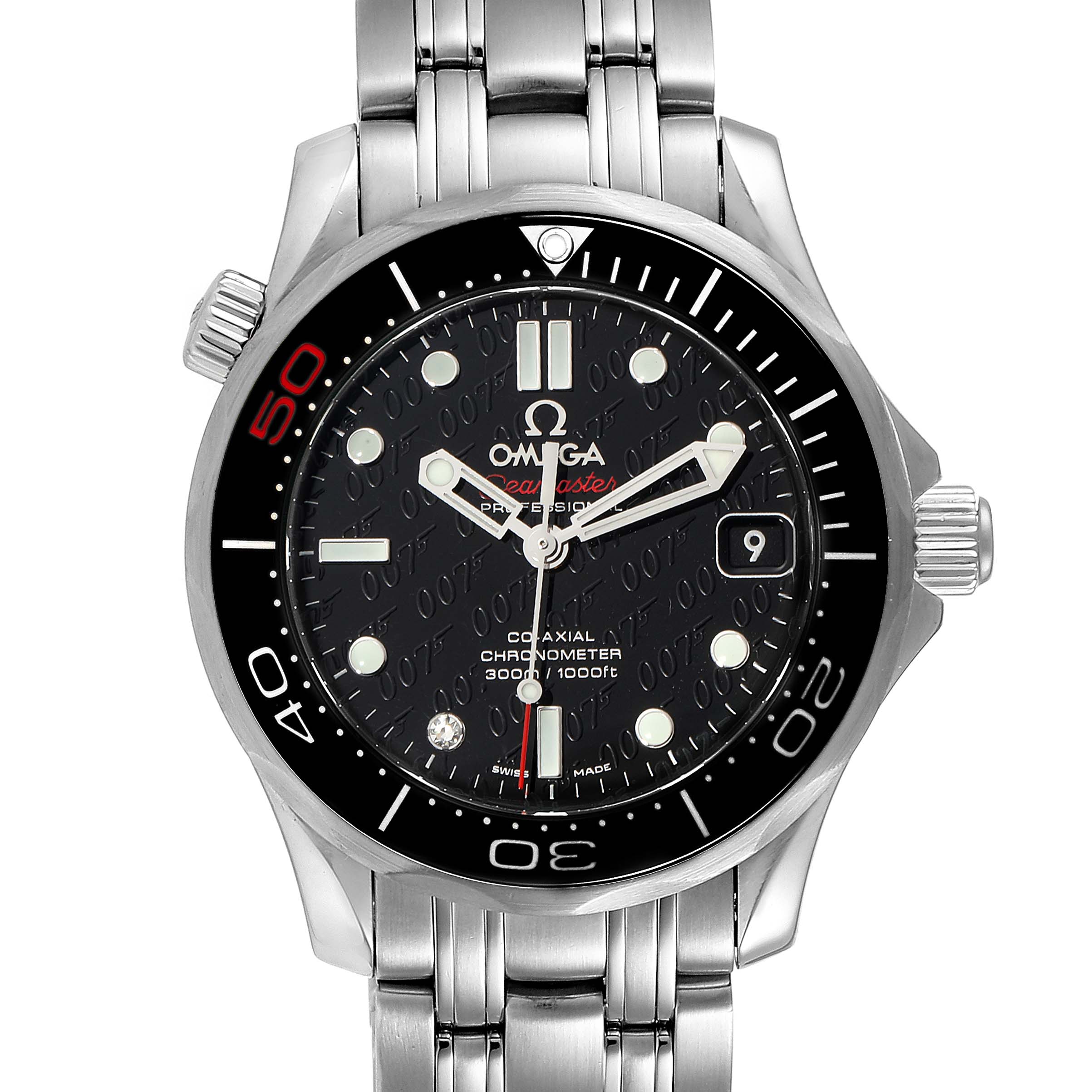 This image shows a front view of an Omega Seamaster 212.30.36.20.51.001 Men's Stainless Steel Black Dial 212.30.36.20.51.001 Men's Stainless Steel Black Dial watch, highlighting its dial, bezel, and stainless steel bracelet.