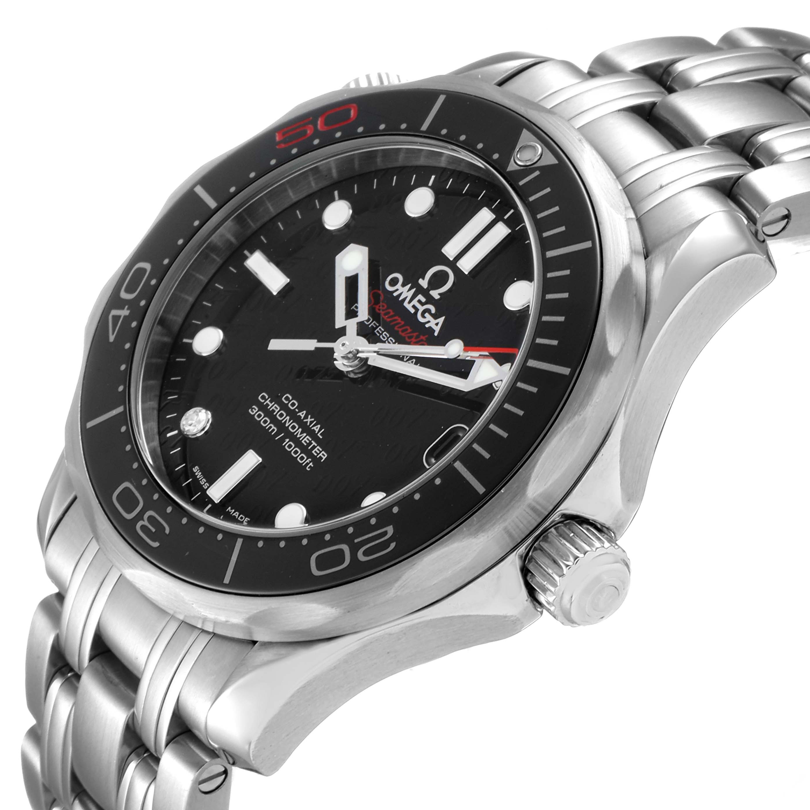 This image shows an angled view of the Omega Seamaster 212.30.36.20.51.001 Men's Stainless Steel Black Dial 212.30.36.20.51.001 Men's Stainless Steel Black Dial watch, highlighting the face, bezel, crown, and stainless steel bracelet.