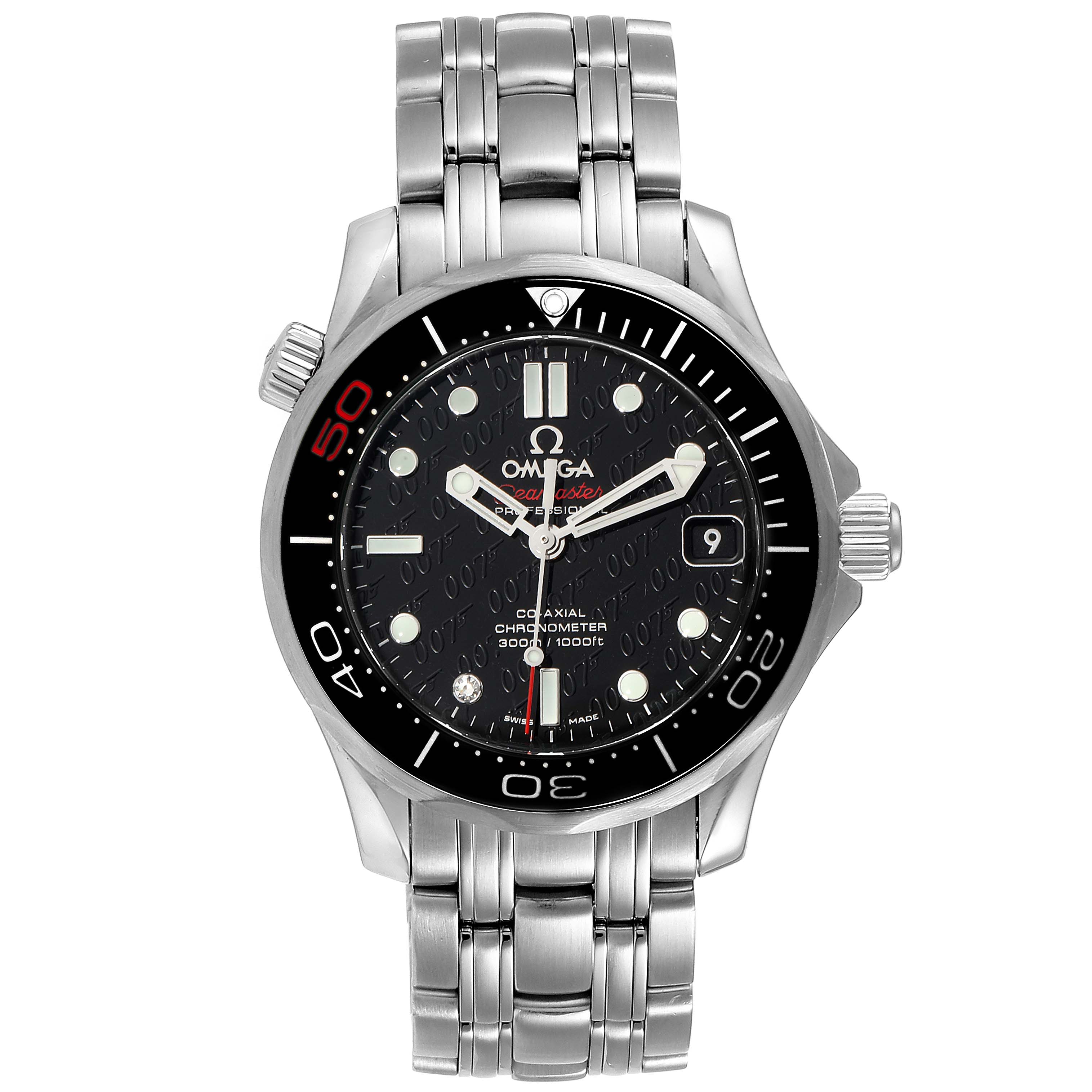 The image shows a front view of the Omega Seamaster 212.30.36.20.51.001 Men's Stainless Steel Black Dial 212.30.36.20.51.001 Men's Stainless Steel Black Dial watch, displaying the face, bezel, crown, and stainless steel bracelet.