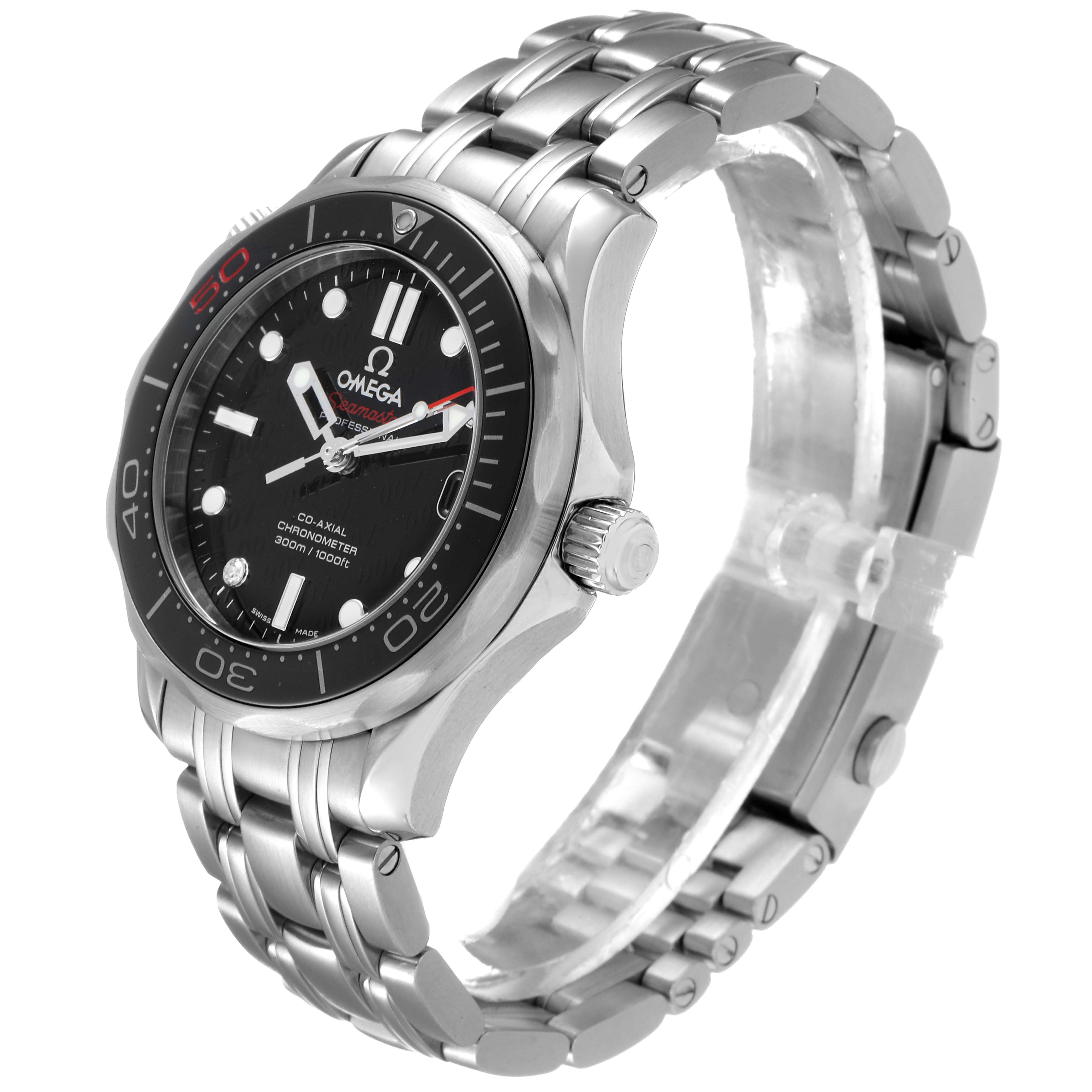 The image shows an Omega Seamaster 212.30.36.20.51.001 Men's Stainless Steel Black Dial 212.30.36.20.51.001 Men's Stainless Steel Black Dial watch at an angle highlighting its face, bezel, crown, and stainless steel bracelet.