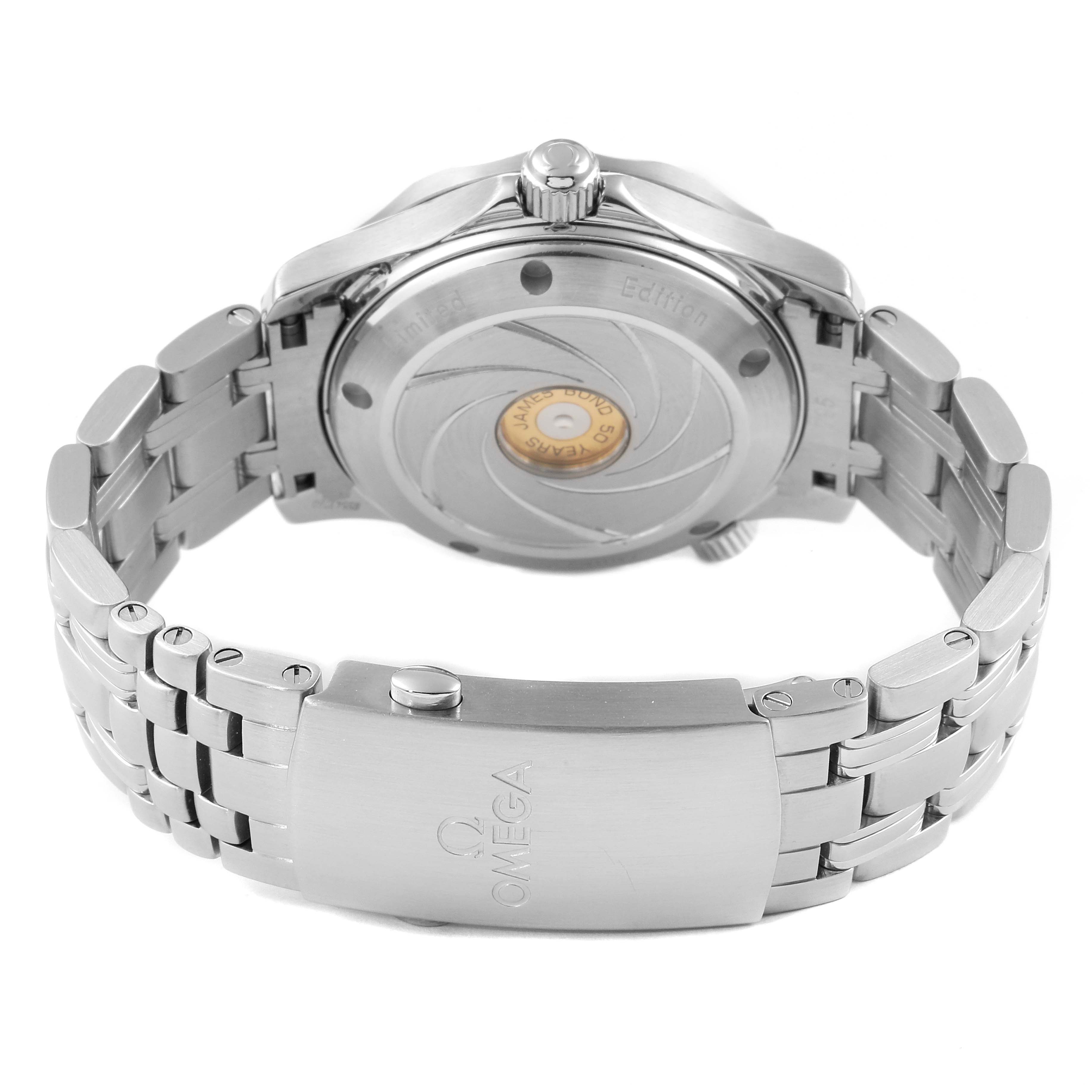 The image shows the back case and metal bracelet clasp of the Omega Seamaster 212.30.36.20.51.001 Men's Stainless Steel Black Dial 212.30.36.20.51.001 Men's Stainless Steel Black Dial watch from a rear angle.