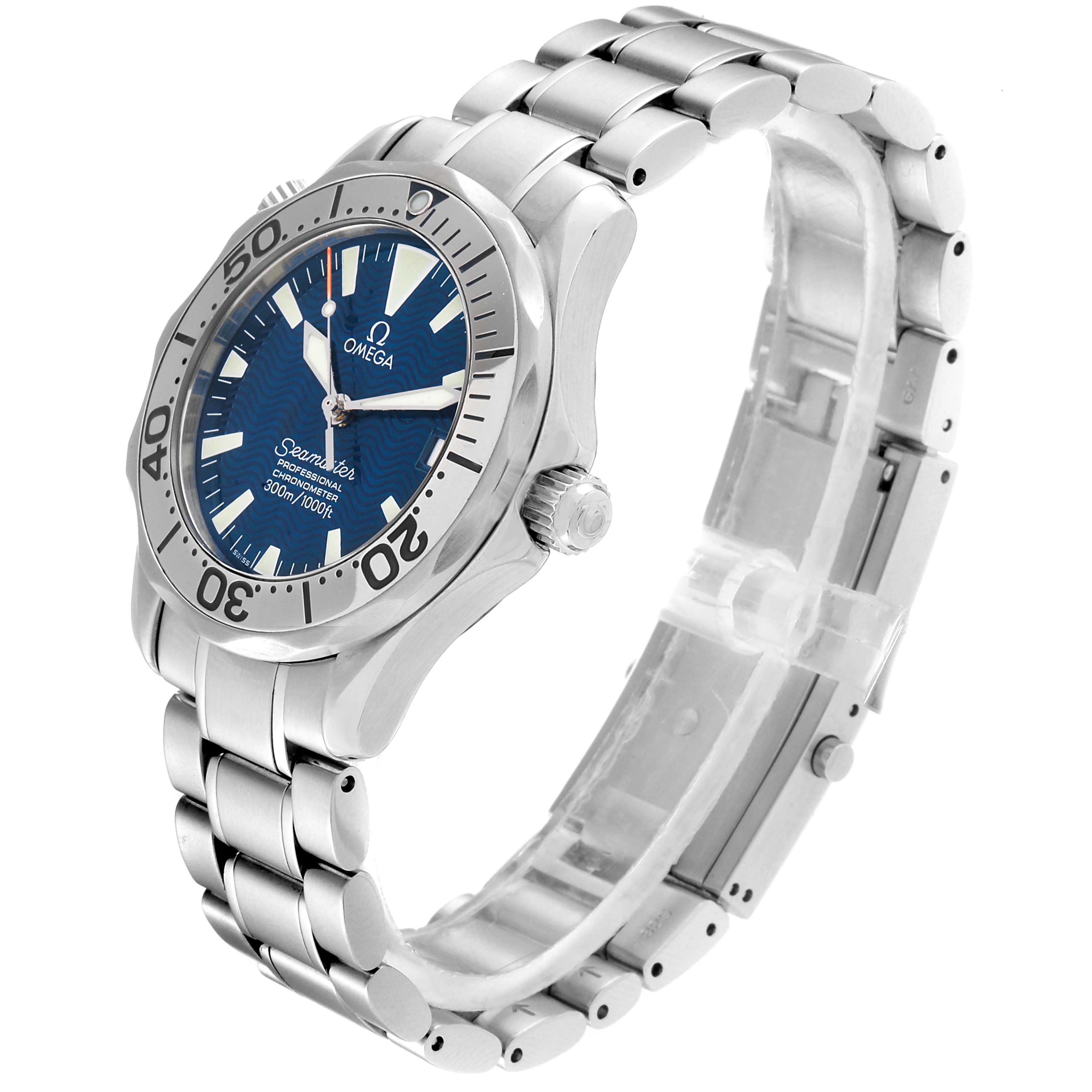The Omega Seamaster 2553.80.00 Men
s Stainless Steel Blue Dial 2553.80.00 Men
s Stainless Steel Blue Dial watch is shown at a three-quarter angle, highlighting the bracelet, bezel, crown, and blue dial.