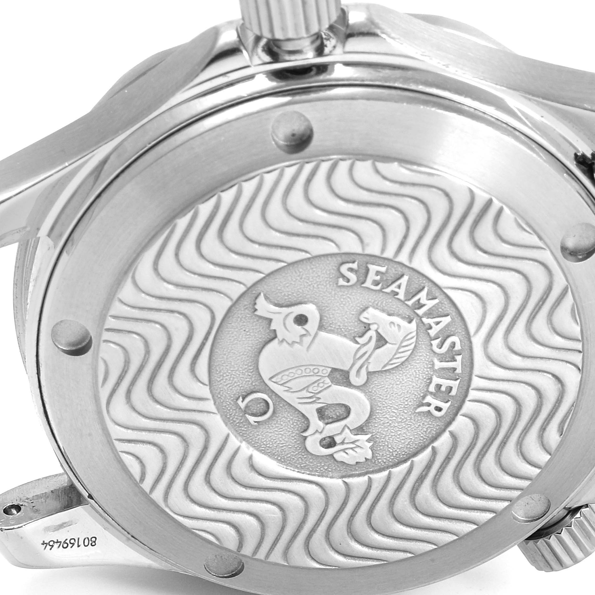 The image shows the stainless steel case back and crown of an Omega Seamaster 2553.80.00 Men
s Stainless Steel Blue Dial 2553.80.00 Men
s Stainless Steel Blue Dial watch, with its engraved logo.