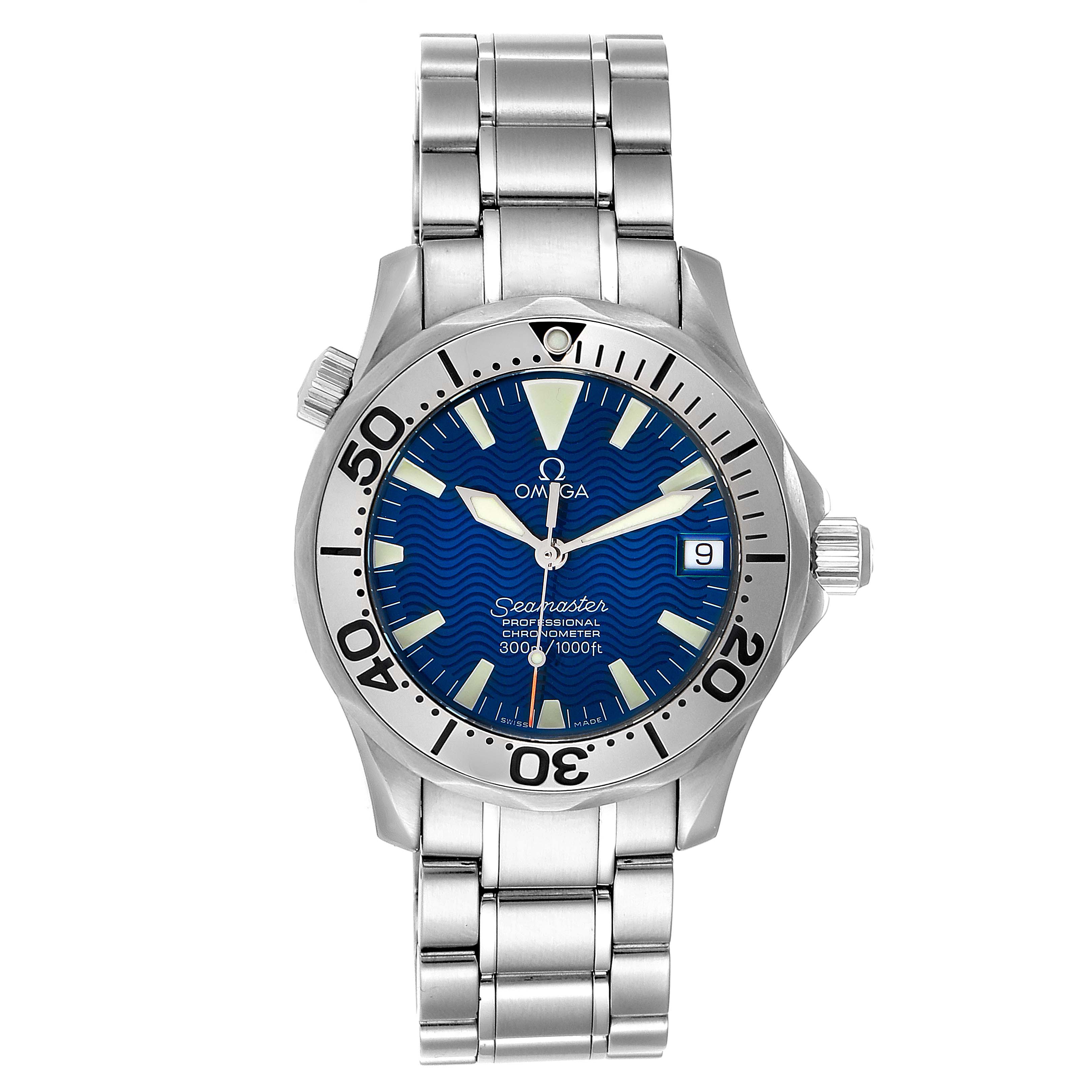 The image shows a front view of the Omega Seamaster 2553.80.00 Men
s Stainless Steel Blue Dial 2553.80.00 Men
s Stainless Steel Blue Dial watch with a metal bracelet and blue dial.