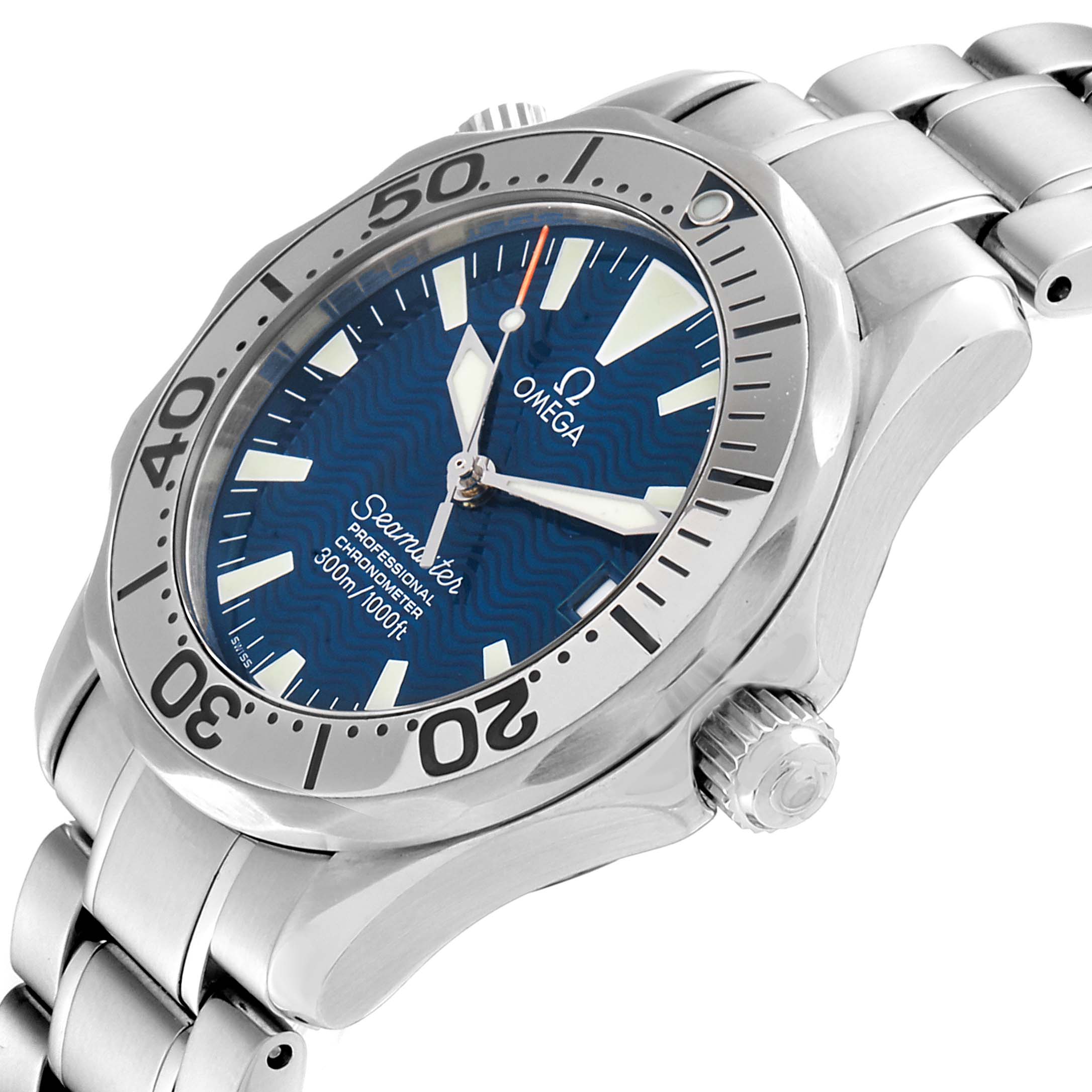 The Omega Seamaster 2553.80.00 Men
s Stainless Steel Blue Dial 2553.80.00 Men
s Stainless Steel Blue Dial watch is shown from a slightly angled side view, displaying the face, bezel, crown, and part of the bracelet.