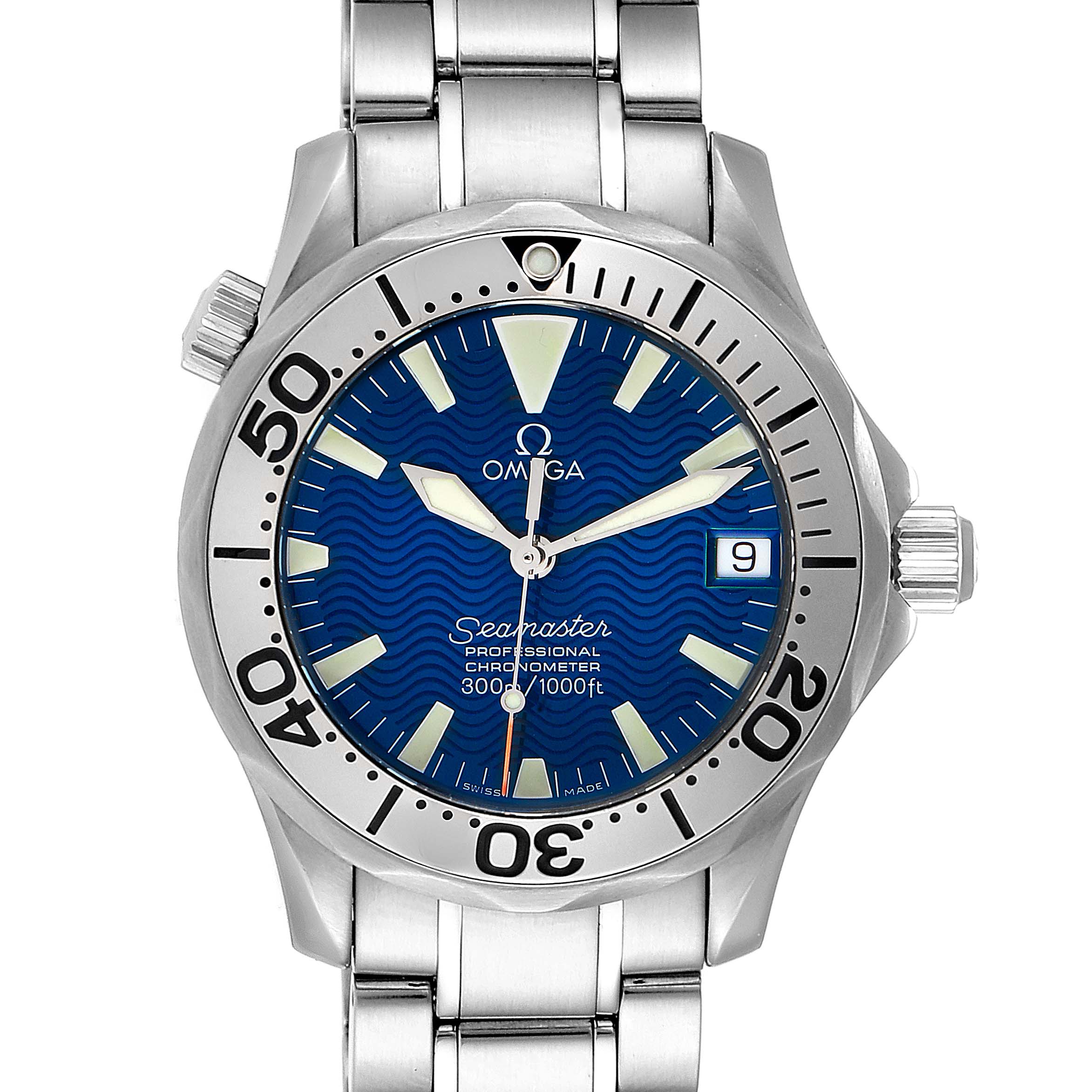 This is a frontal view of the Omega Seamaster 2553.80.00 Men
s Stainless Steel Blue Dial 2553.80.00 Men
s Stainless Steel Blue Dial watch, showing the dial, bezel, crown, and part of the bracelet.
