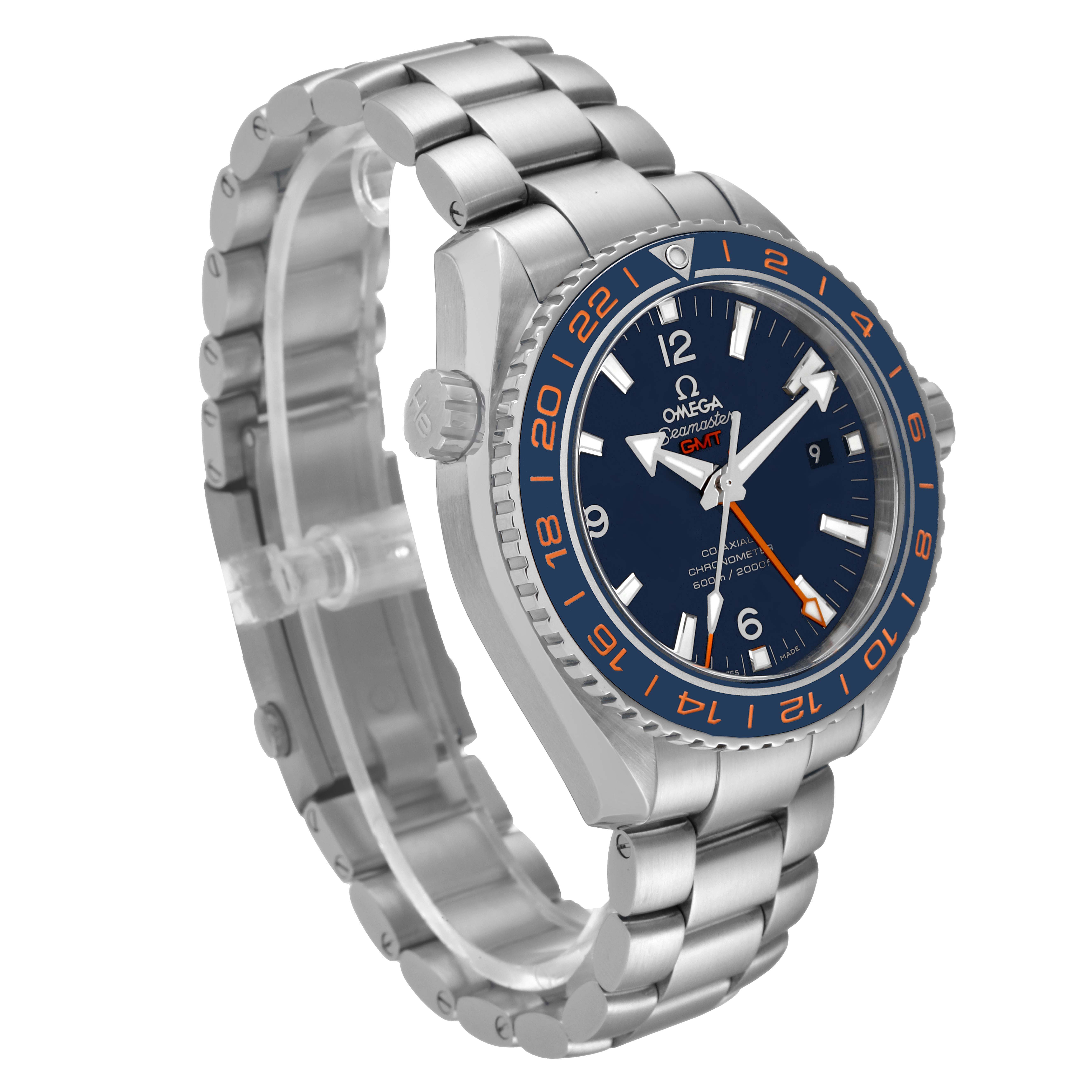 The image shows a side angle of the Omega Planet Ocean 232.30.44.22.03.001 Men
s Stainless Steel Blue Dial 232.30.44.22.03.001 Men
s Stainless Steel Blue Dial watch, highlighting its bezel, dial, crown, and stainless steel bracelet.