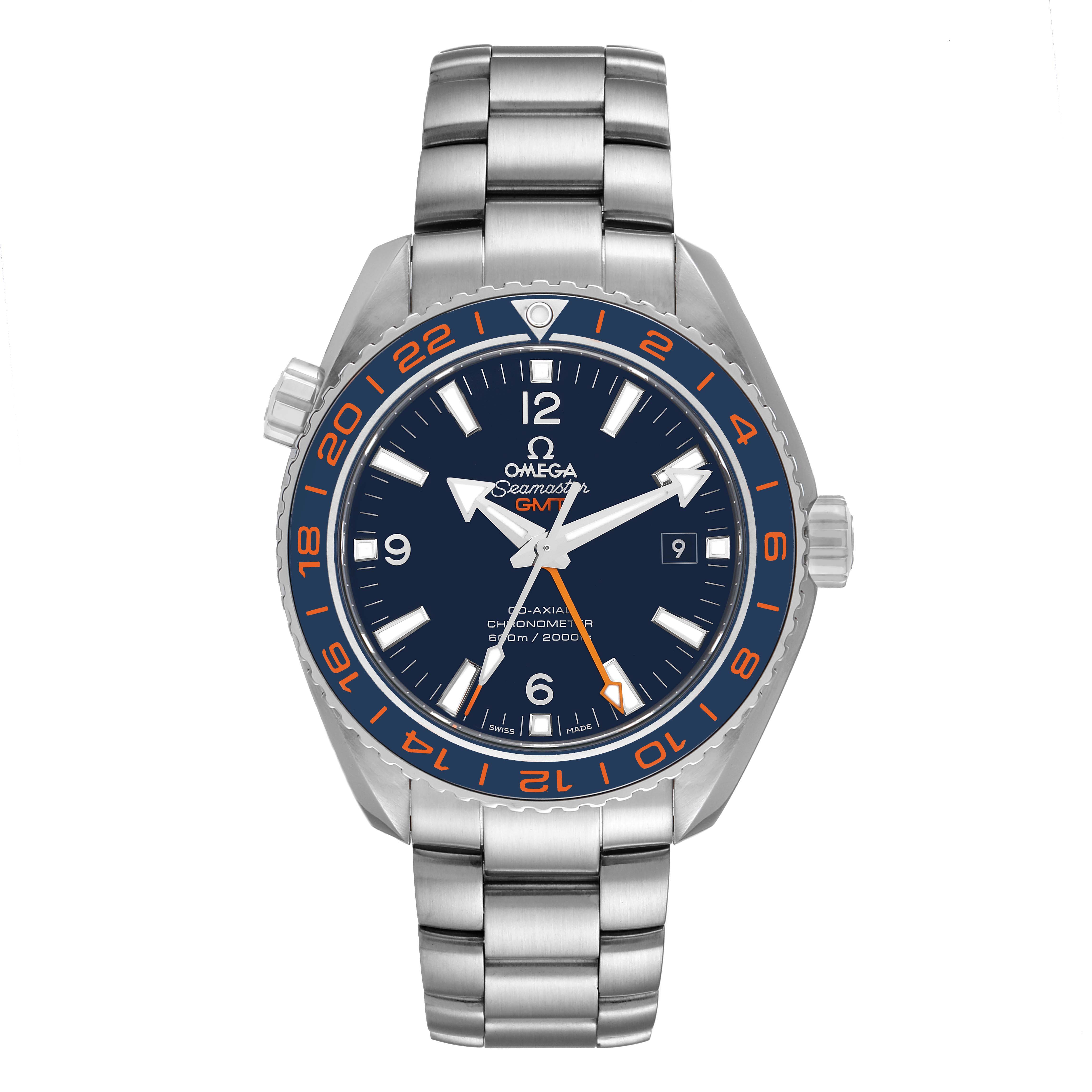 The image shows a frontal view of the Omega Planet Ocean 232.30.44.22.03.001 Men
s Stainless Steel Blue Dial 232.30.44.22.03.001 Men
s Stainless Steel Blue Dial watch, displaying the dial, bracelet, and crown.
