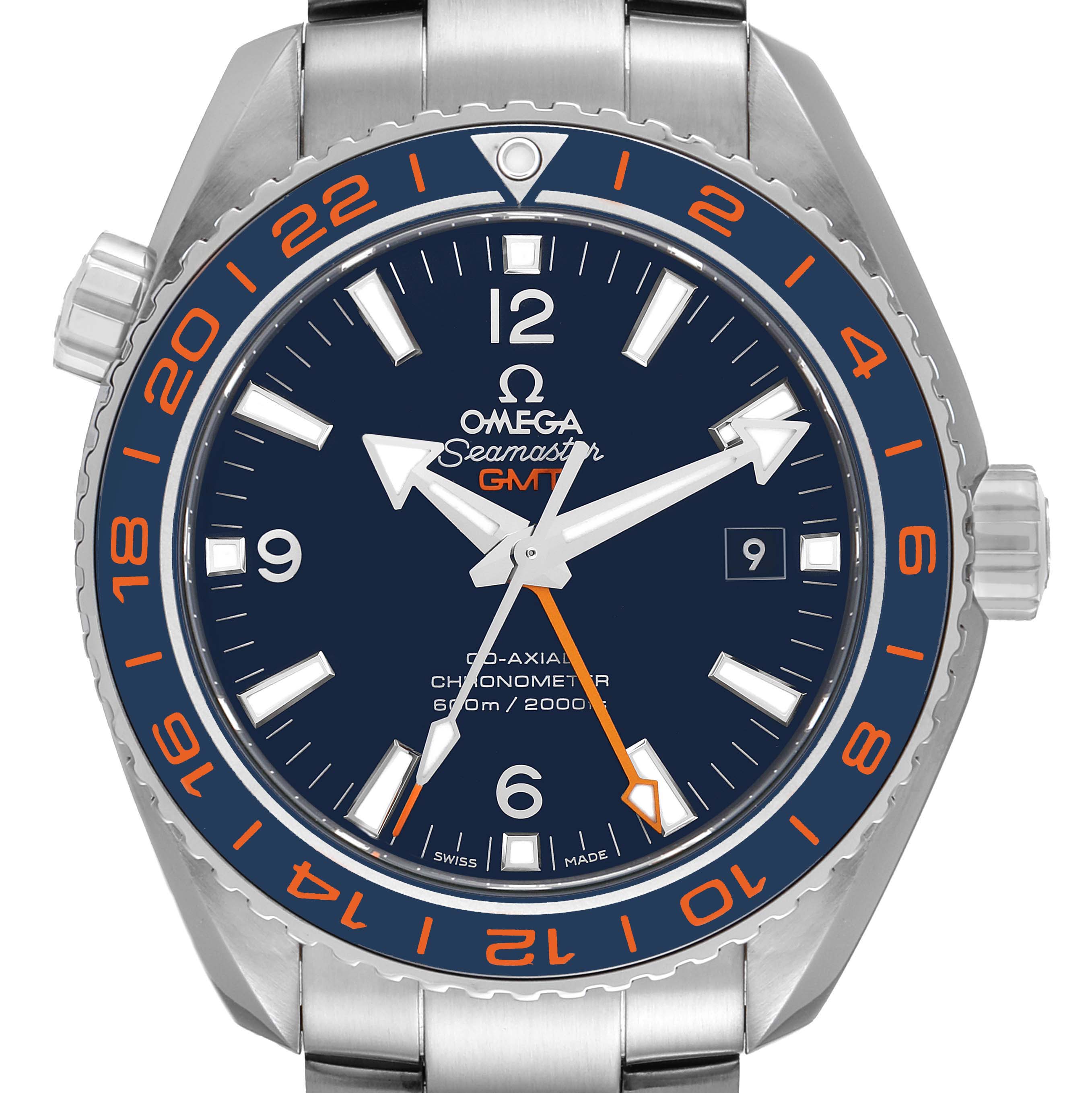 The image shows a front view of the Omega Planet Ocean 232.30.44.22.03.001 Men
s Stainless Steel Blue Dial 232.30.44.22.03.001 Men
s Stainless Steel Blue Dial watch, highlighting the dial, bezel, and parts of the bracelet.