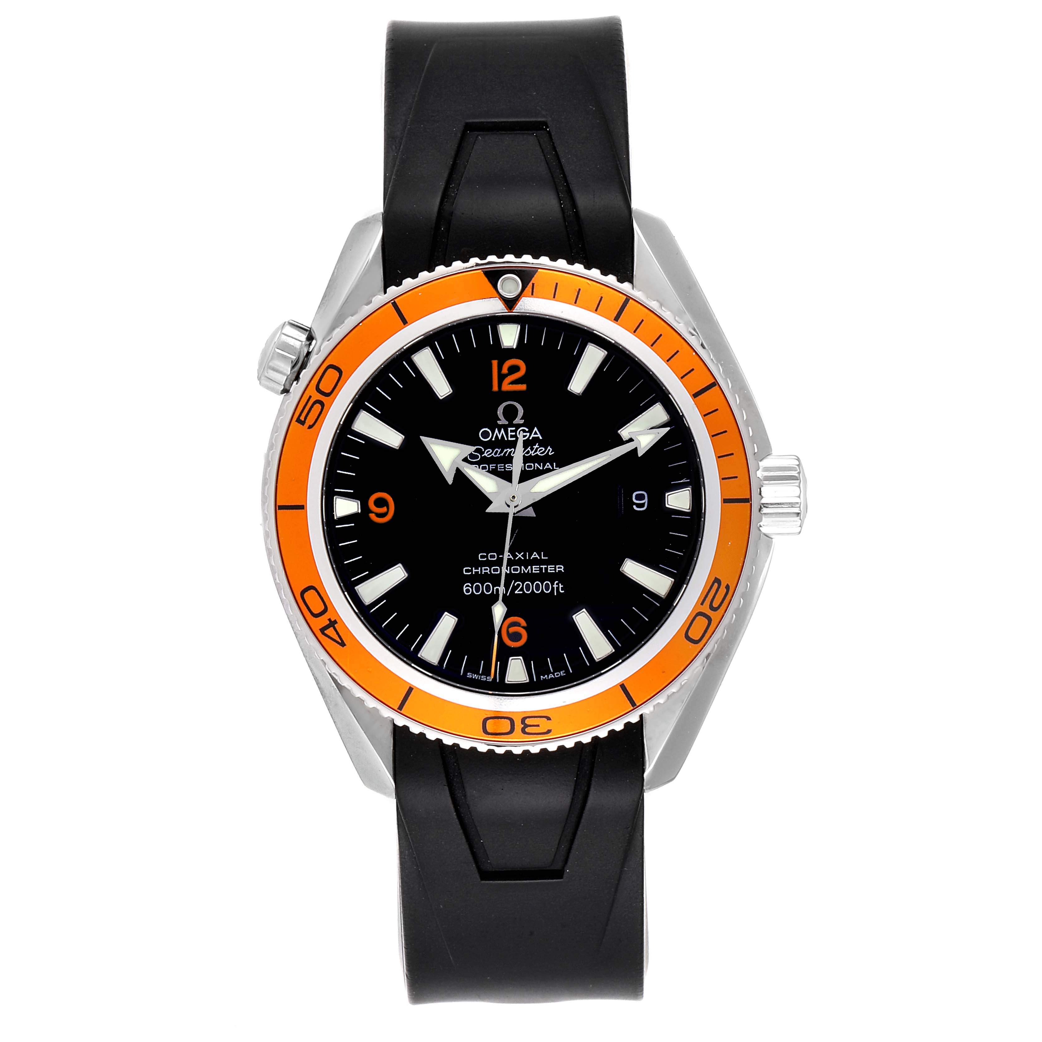 The image shows a front view of the Omega Seamaster 2909.50.91 Men
s Stainless Steel Black Dial 2909.50.91 Men
s Stainless Steel Black Dial watch, emphasizing its black dial, orange bezel, and black strap.