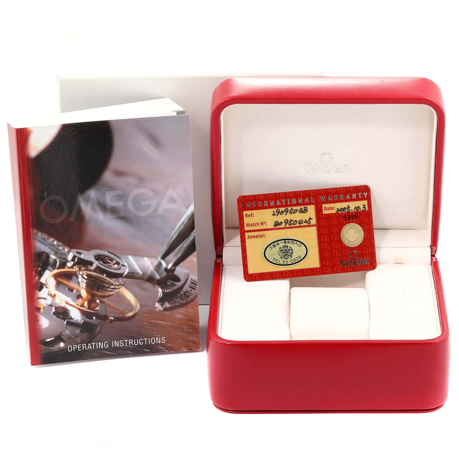 The image shows the Omega Seamaster 2909.50.91 Men
s Stainless Steel Black Dial 2909.50.91 Men
s Stainless Steel Black Dial model
s accessories, including the box, warranty card, and operating instructions.