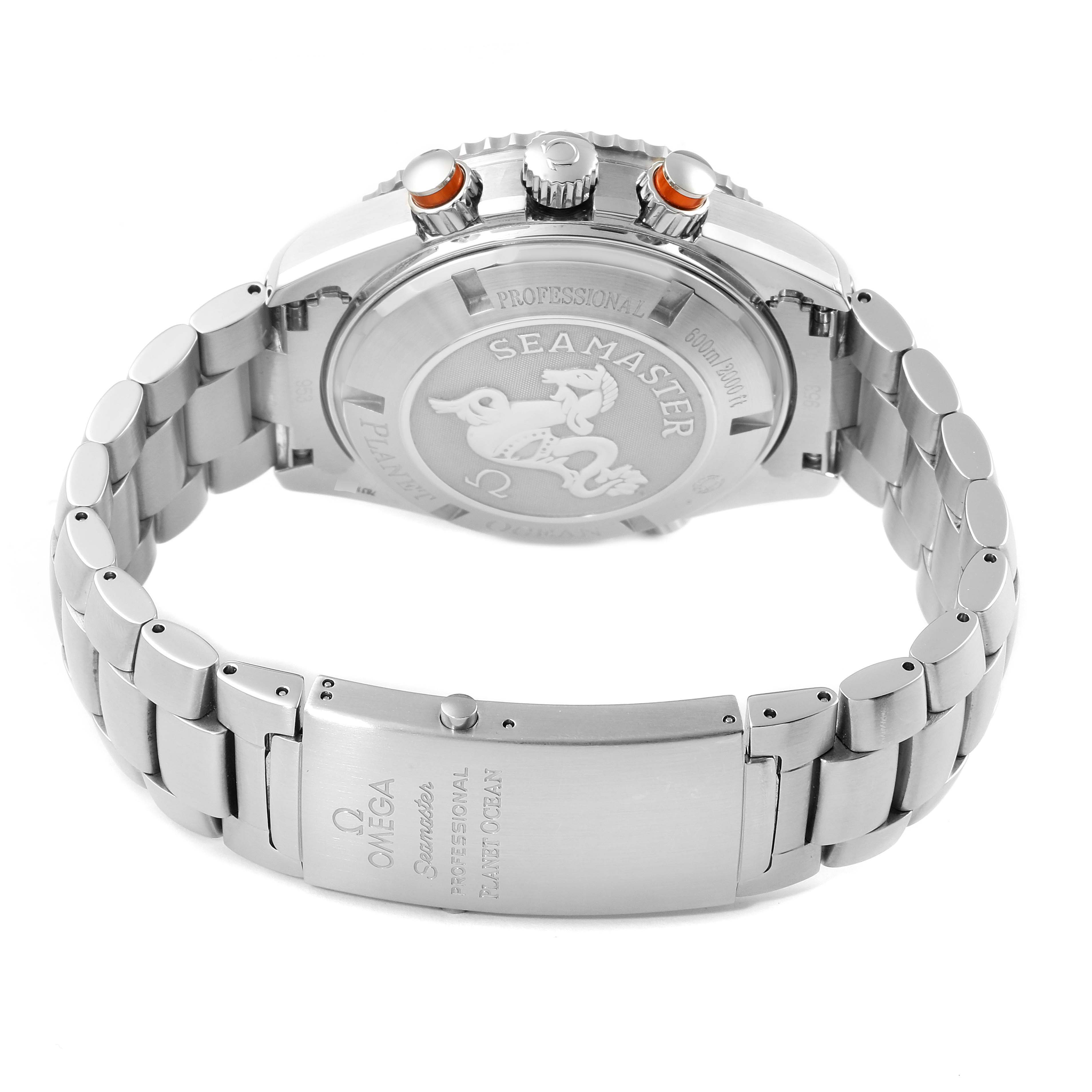 This image shows the back case and bracelet clasp of the Omega Planet Ocean 2218.50.00 Men
s Stainless Steel Black Dial 2218.50.00 Men
s Stainless Steel Black Dial Seamaster watch, highlighting the engraved details and buttons.