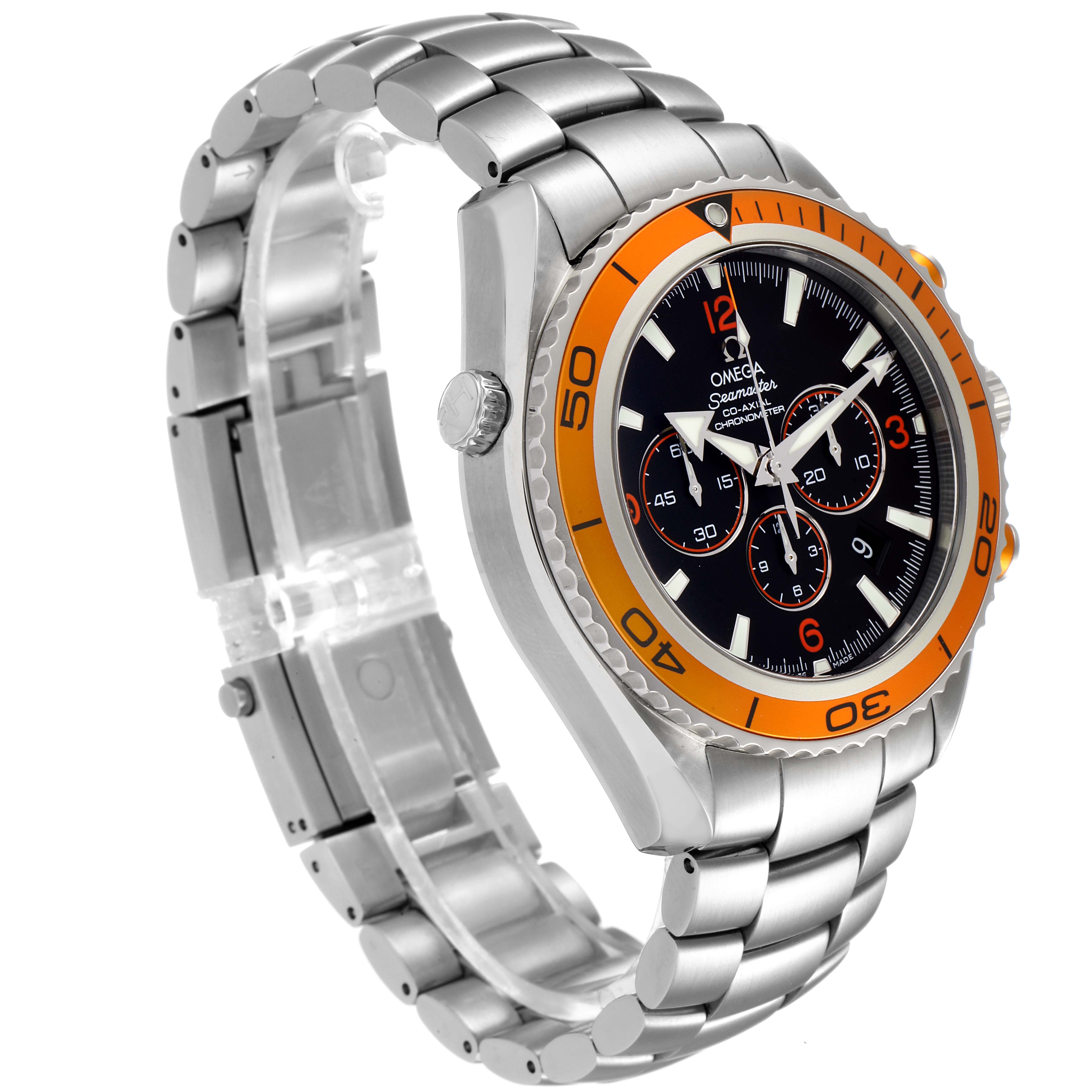 The image shows a side and front angle of the Omega Planet Ocean 2218.50.00 Men
s Stainless Steel Black Dial 2218.50.00 Men
s Stainless Steel Black Dial model watch, highlighting its orange bezel and metal bracelet.