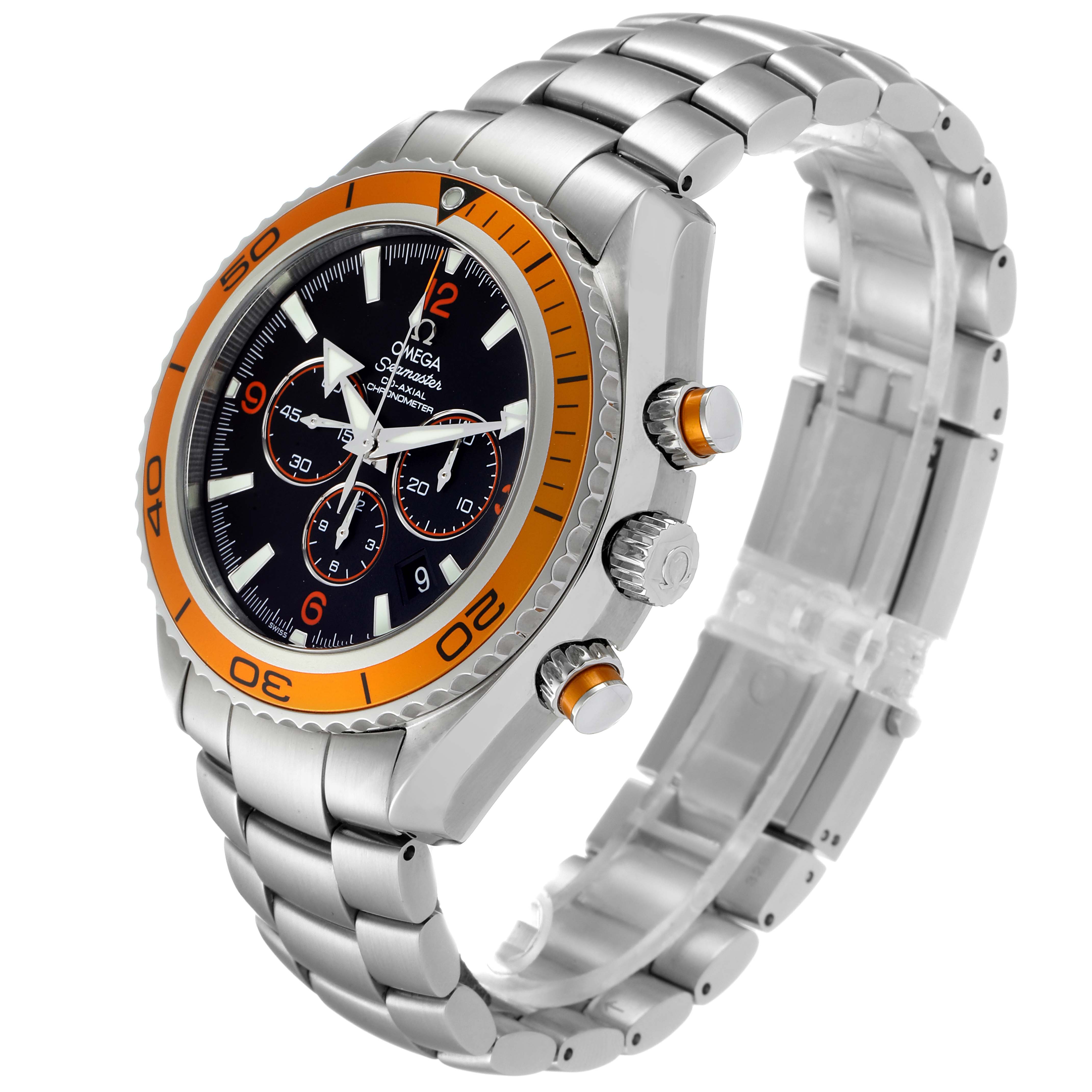 The Omega Planet Ocean 2218.50.00 Men
s Stainless Steel Black Dial 2218.50.00 Men
s Stainless Steel Black Dial watch is shown at an angle highlighting the face, bezel, crown, pushers, and metal bracelet.