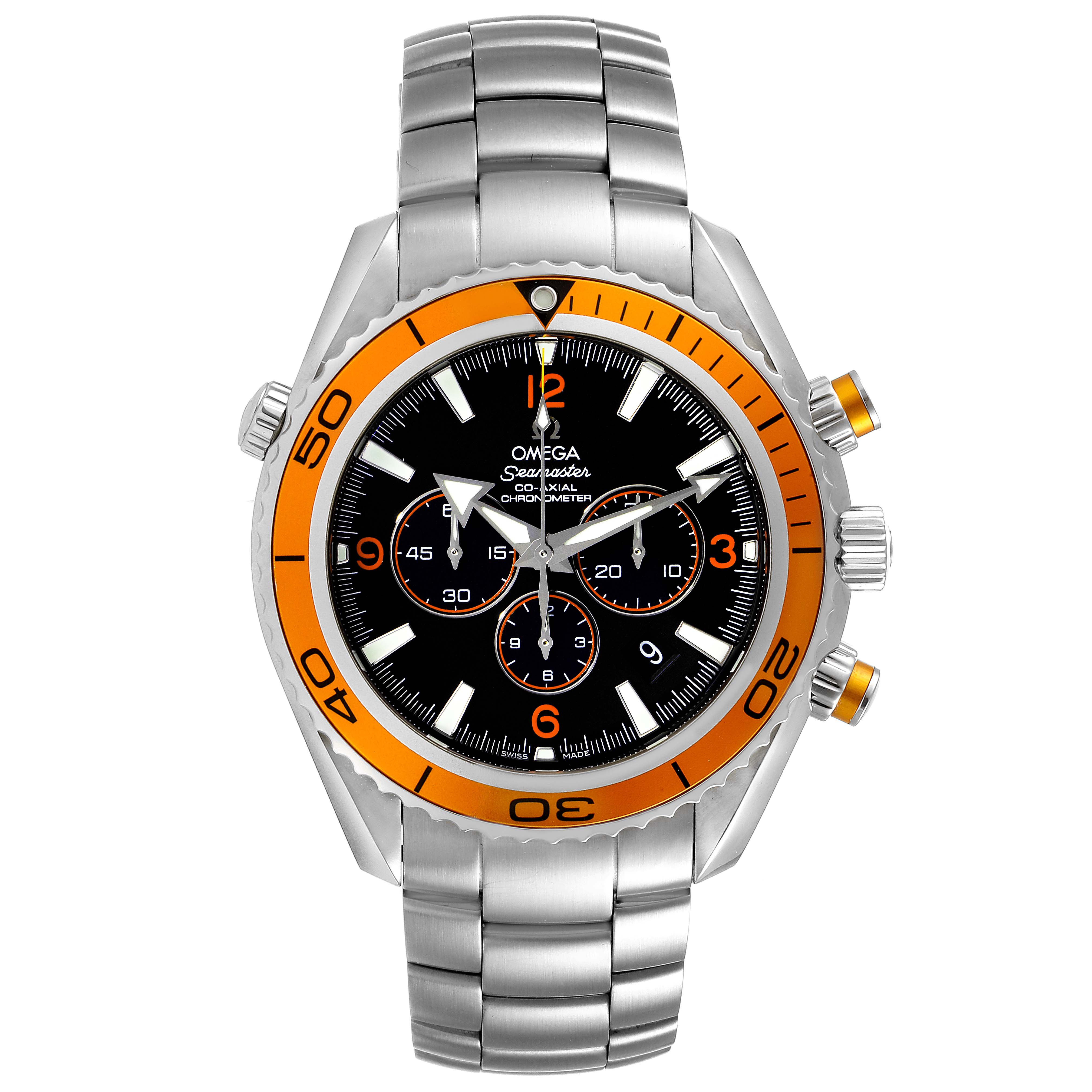 The Omega Planet Ocean 2218.50.00 Men
s Stainless Steel Black Dial 2218.50.00 Men
s Stainless Steel Black Dial model watch is shown from the front, highlighting its orange bezel, chronograph dials, and stainless steel bracelet.