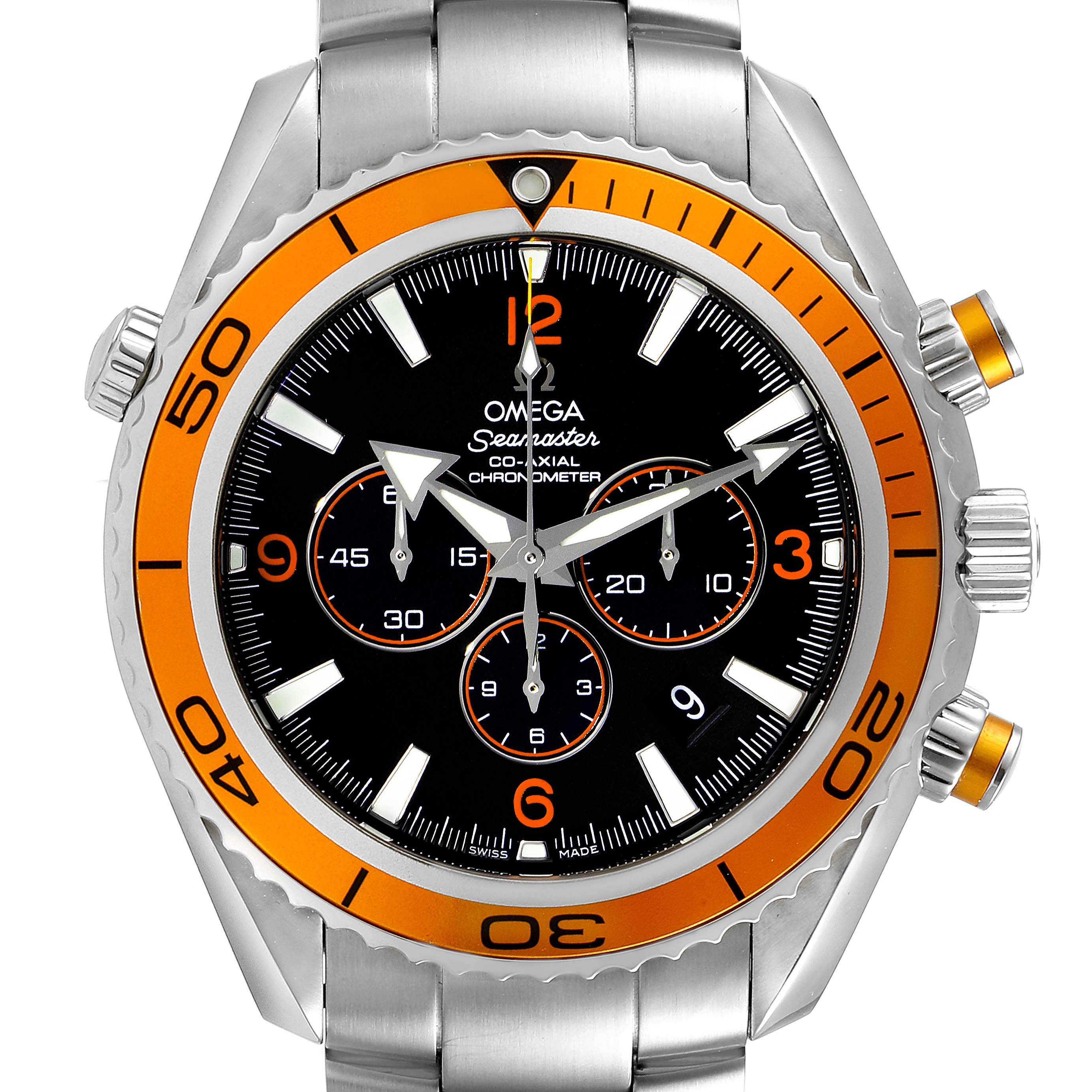 The image shows a frontal view of the Omega Planet Ocean 2218.50.00 Men
s Stainless Steel Black Dial 2218.50.00 Men
s Stainless Steel Black Dial model watch, highlighting the bezel, dial, hands, subdials, and crown.