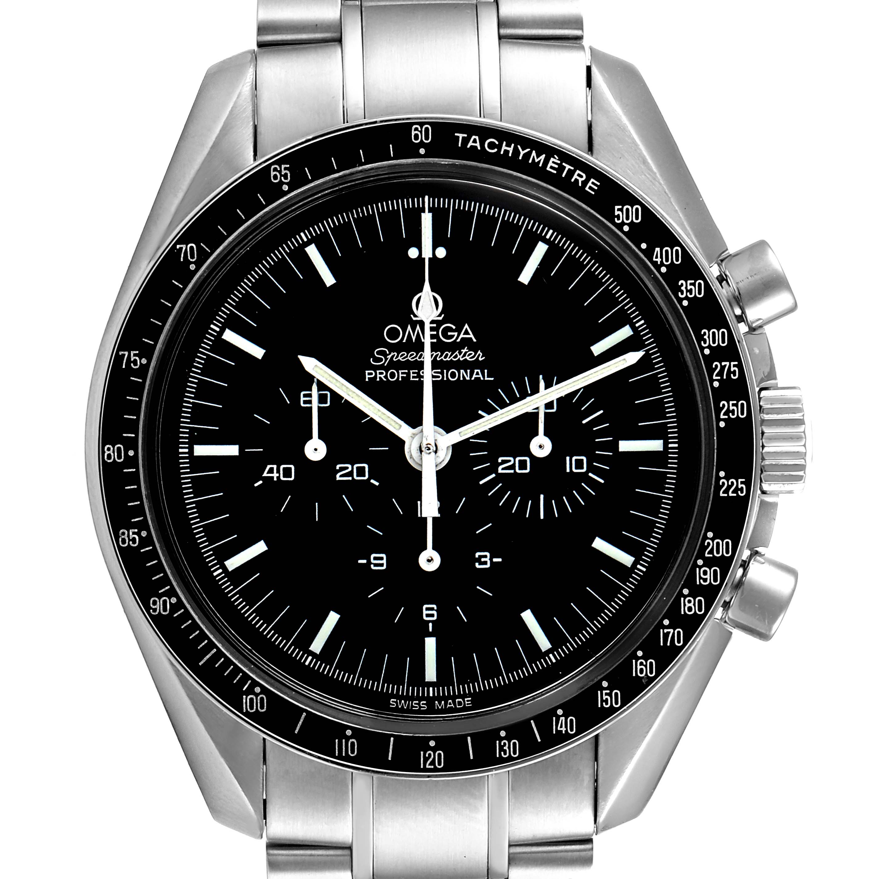 The image shows a front view of the Omega Speedmaster 3570.50.00 Men
s Stainless Steel Black Dial 3570.50.00 Men
s Stainless Steel Black Dial Professional watch, highlighting its face, bezel, and crown.