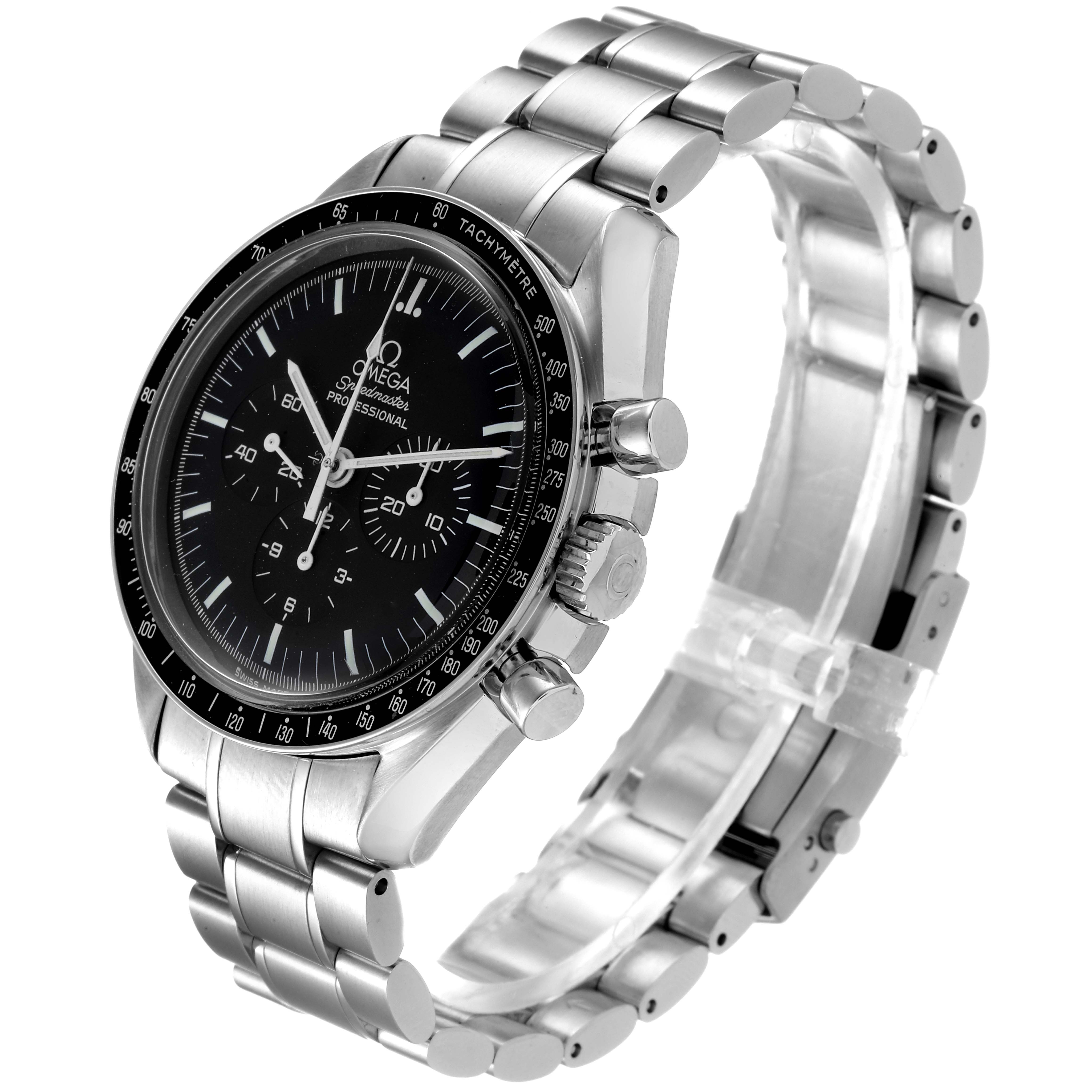 The image shows an Omega Speedmaster 3570.50.00 Men
s Stainless Steel Black Dial 3570.50.00 Men
s Stainless Steel Black Dial watch at an angle highlighting its face, bezel, and bracelet.