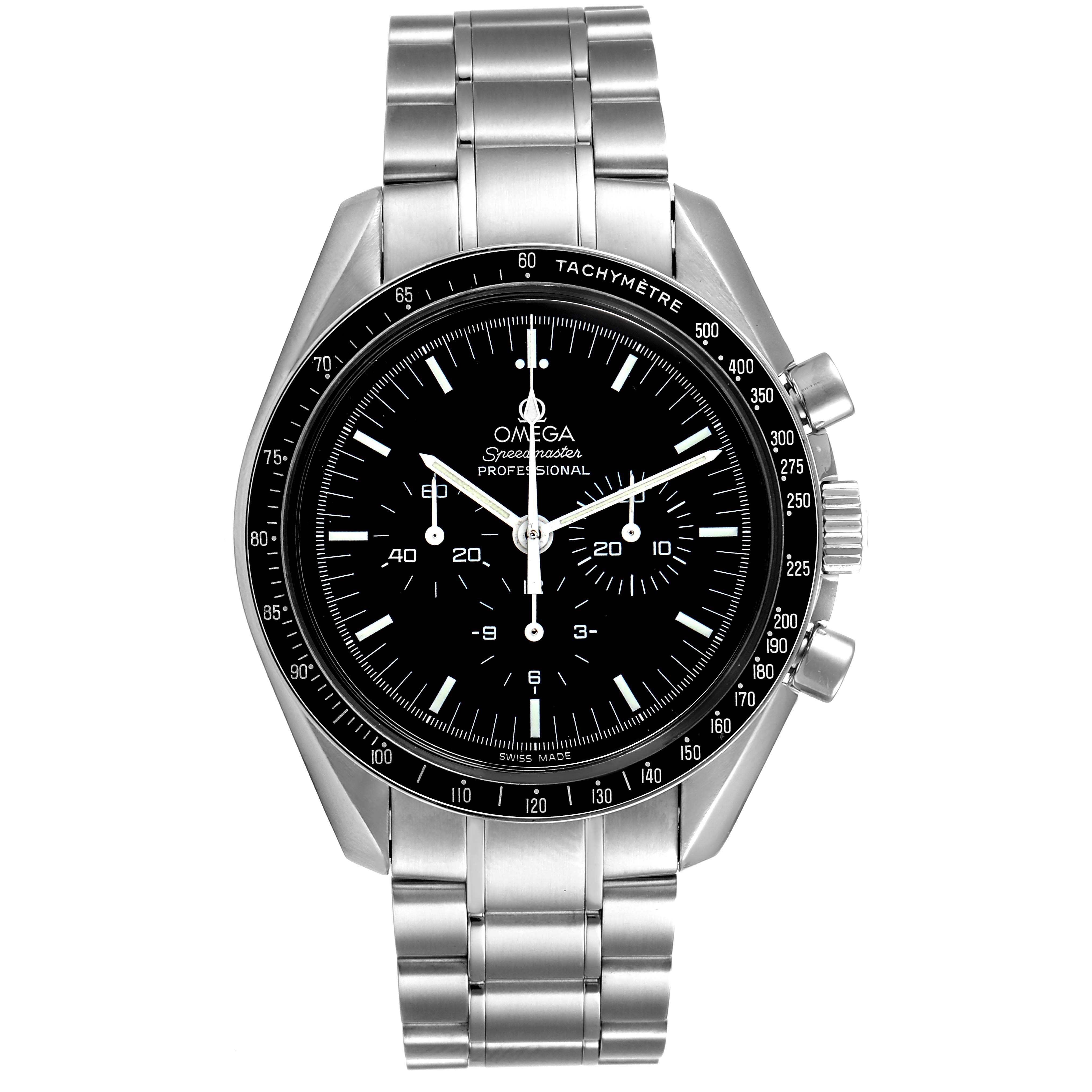 The image shows a front view of an Omega Speedmaster 3570.50.00 Men
s Stainless Steel Black Dial 3570.50.00 Men
s Stainless Steel Black Dial watch, highlighting its black dial, chronograph subdials, and stainless steel bracelet.