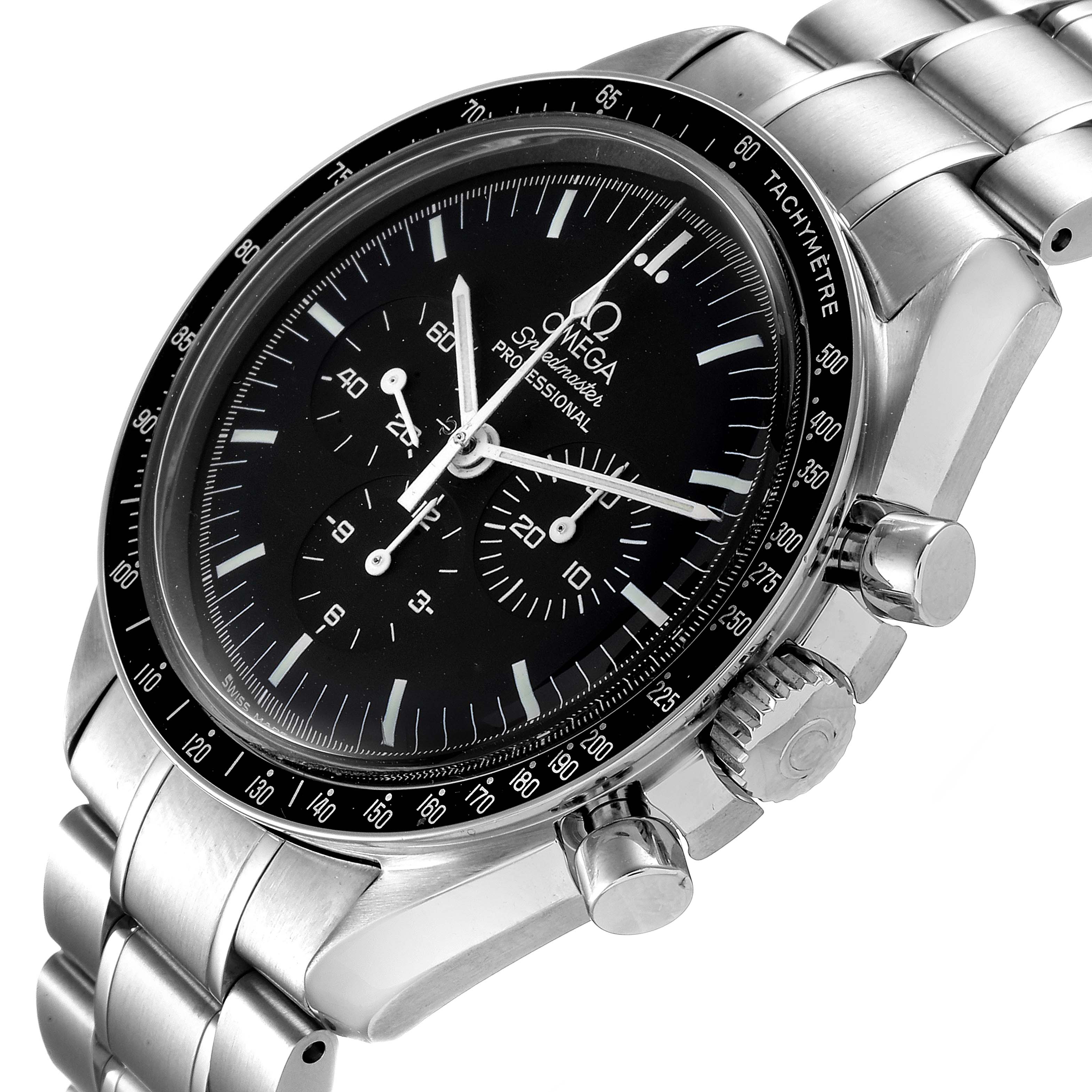The Omega Speedmaster 3570.50.00 Men
s Stainless Steel Black Dial 3570.50.00 Men
s Stainless Steel Black Dial watch is shown at a three-quarter angle, displaying its face, bezel, crown, and part of the bracelet.
