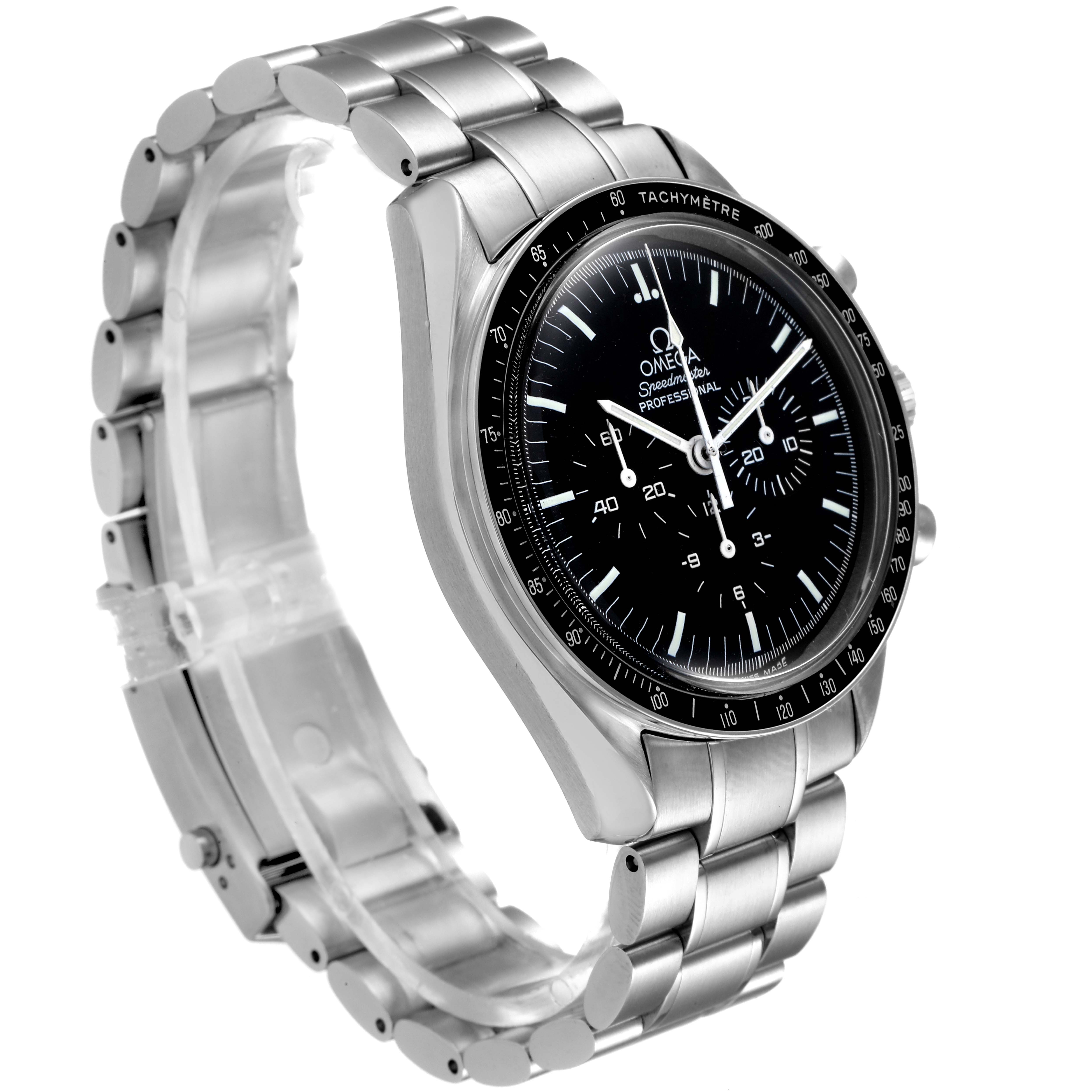 The image shows a side angle of the Omega Speedmaster 3570.50.00 Men
s Stainless Steel Black Dial 3570.50.00 Men
s Stainless Steel Black Dial, highlighting its stainless steel bracelet and black dial.
