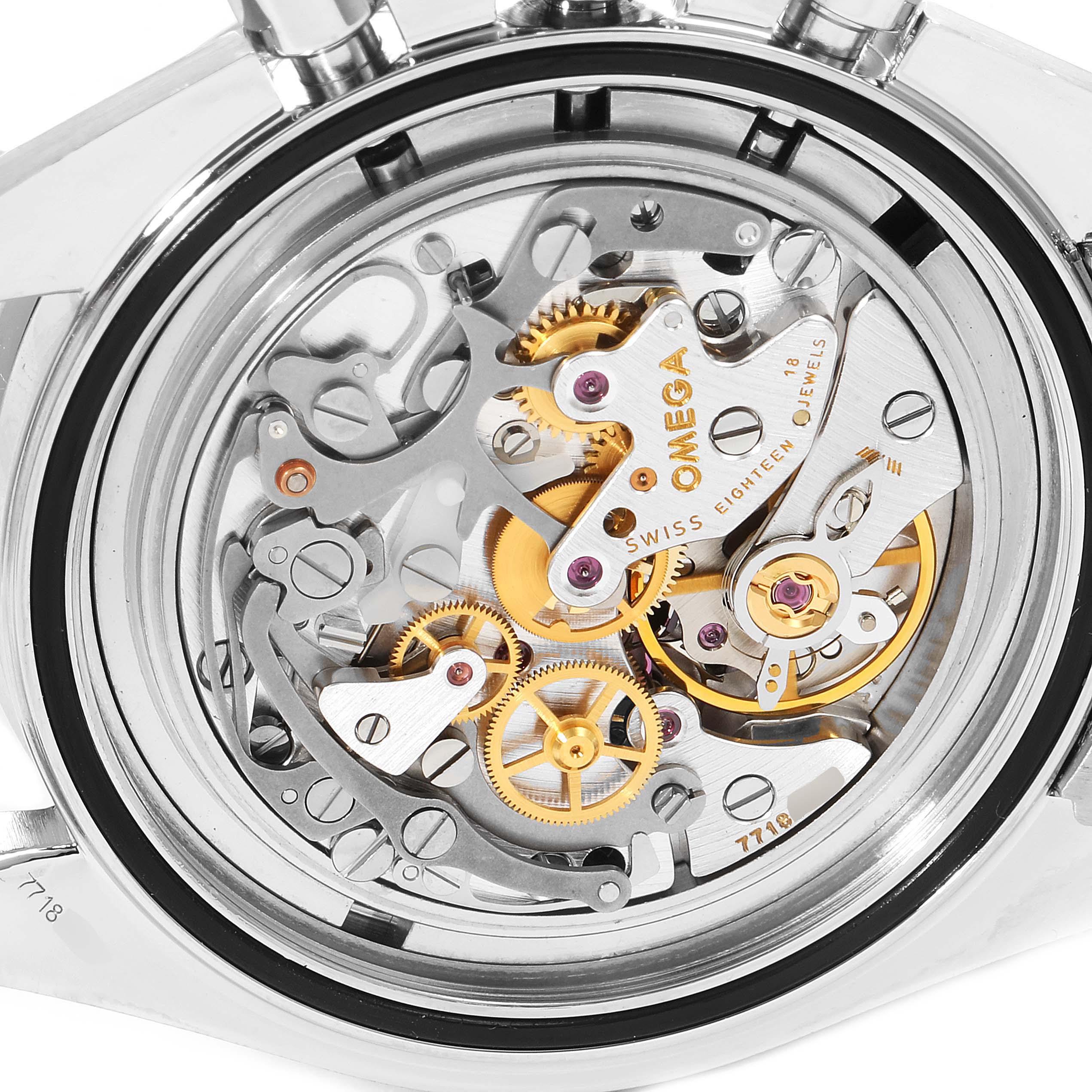 This image shows the intricate inner movement mechanism of the Omega Speedmaster 3570.50.00 Men
s Stainless Steel Black Dial 3570.50.00 Men
s Stainless Steel Black Dial watch from a rear case angle.