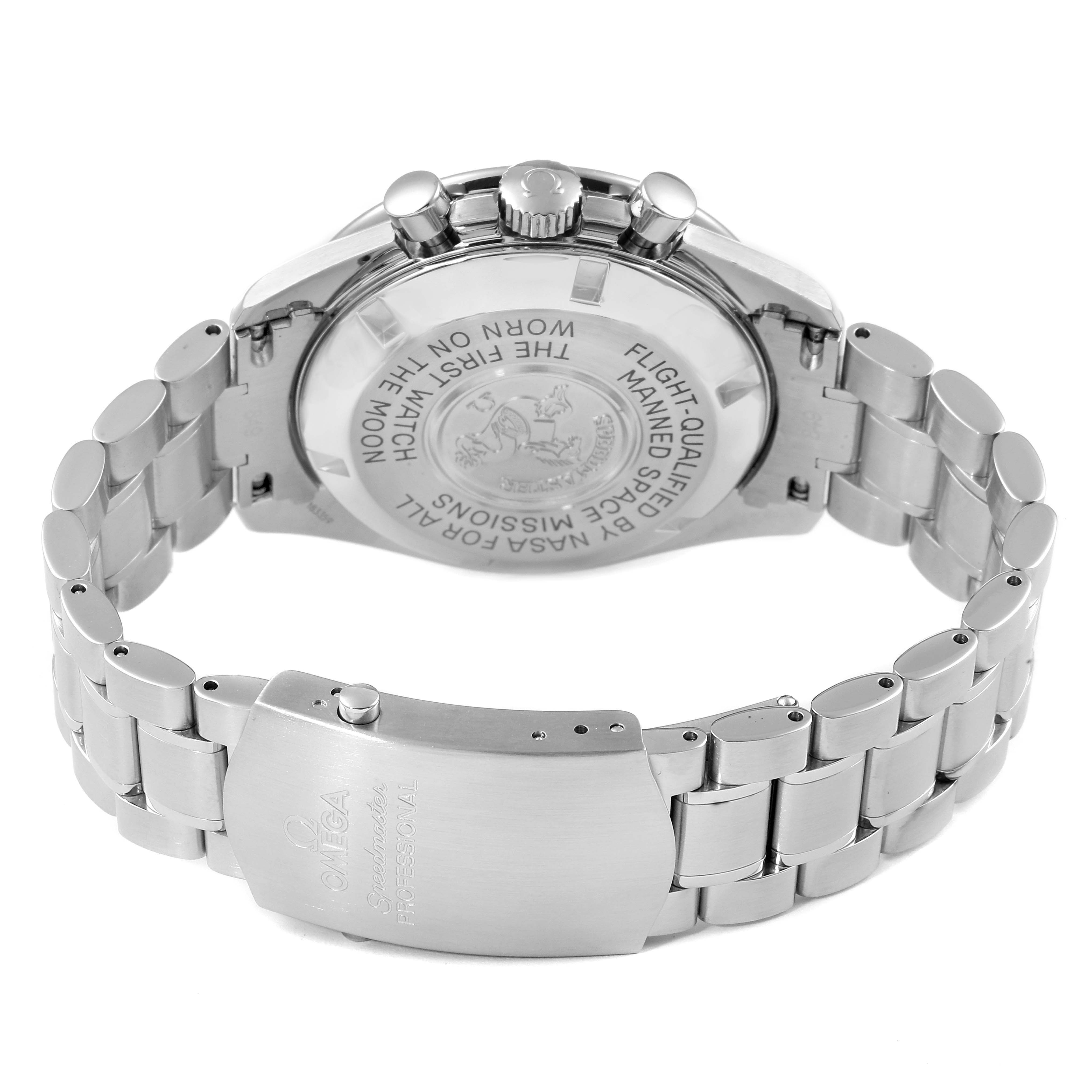 The image shows the back view of an Omega Speedmaster 3570.50.00 Men
s Stainless Steel Black Dial 3570.50.00 Men
s Stainless Steel Black Dial watch, displaying the case back and stainless steel bracelet.