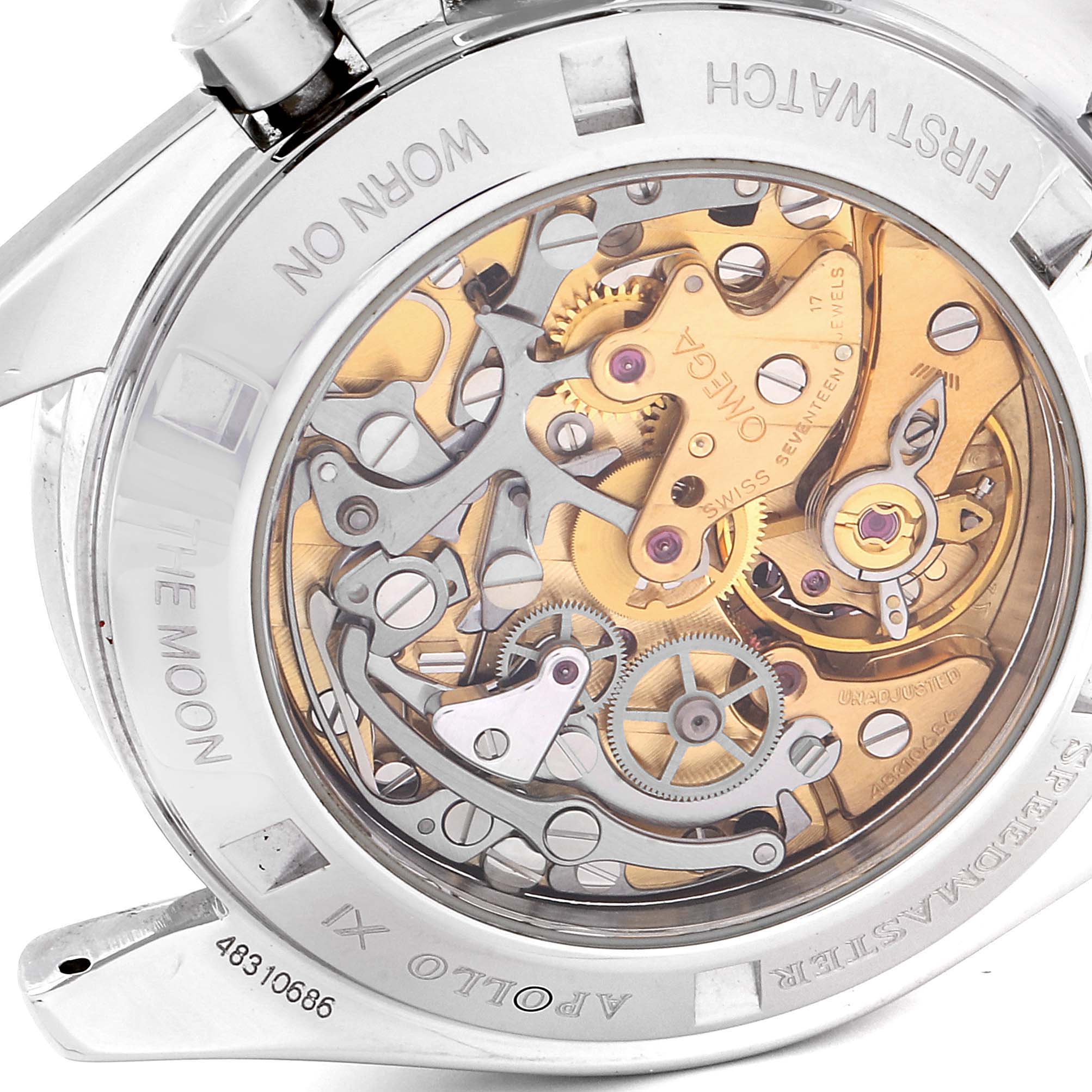 The image shows the transparent case back of an Omega Speedmaster 3592.50.00 Men
s Stainless Steel Black Dial 3592.50.00 Men
s Stainless Steel Black Dial watch, revealing its intricate internal mechanical movement.