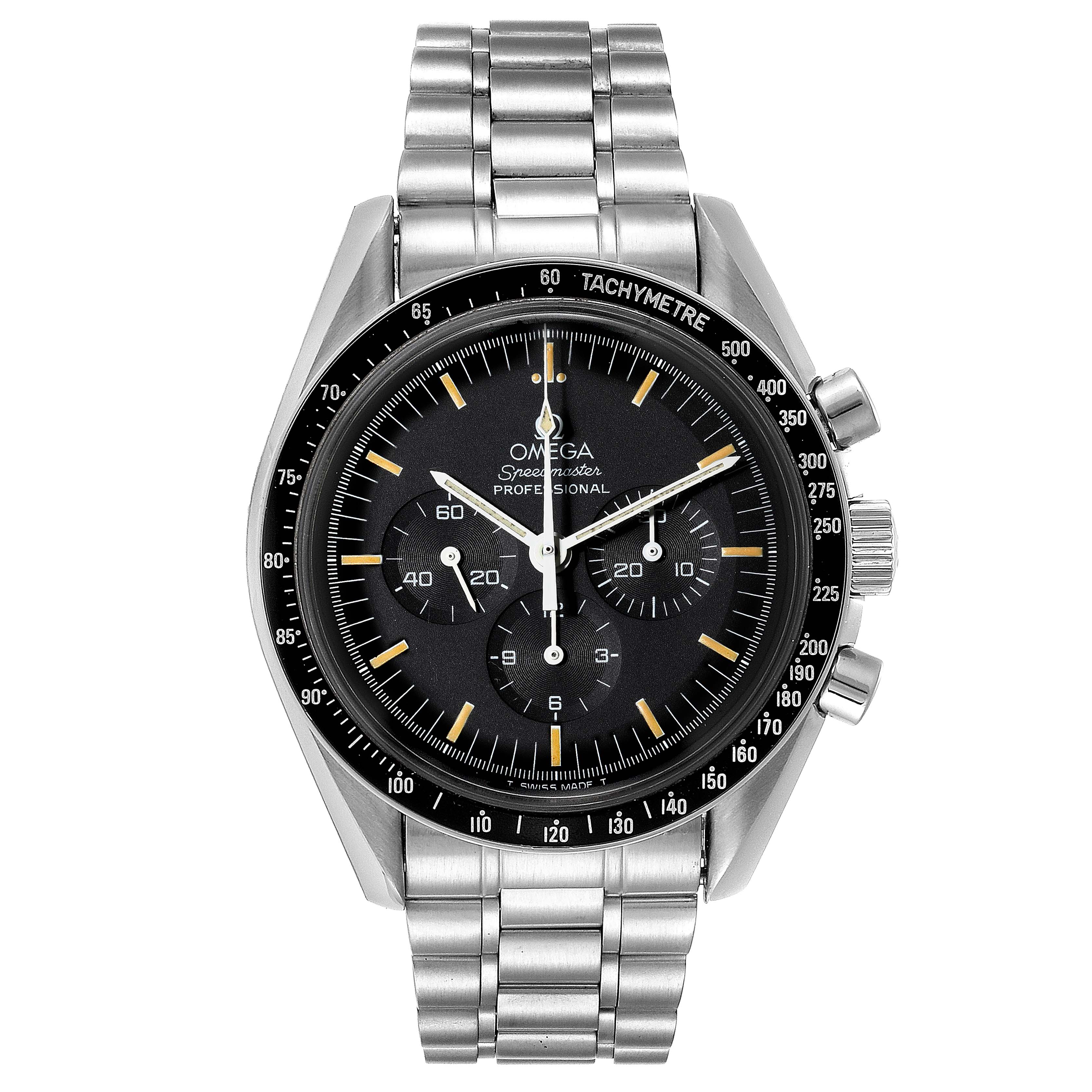 The Omega Speedmaster 3592.50.00 Men
s Stainless Steel Black Dial 3592.50.00 Men
s Stainless Steel Black Dial watch is shown from a top-down angle, displaying the face, bezel, and metal bracelet.