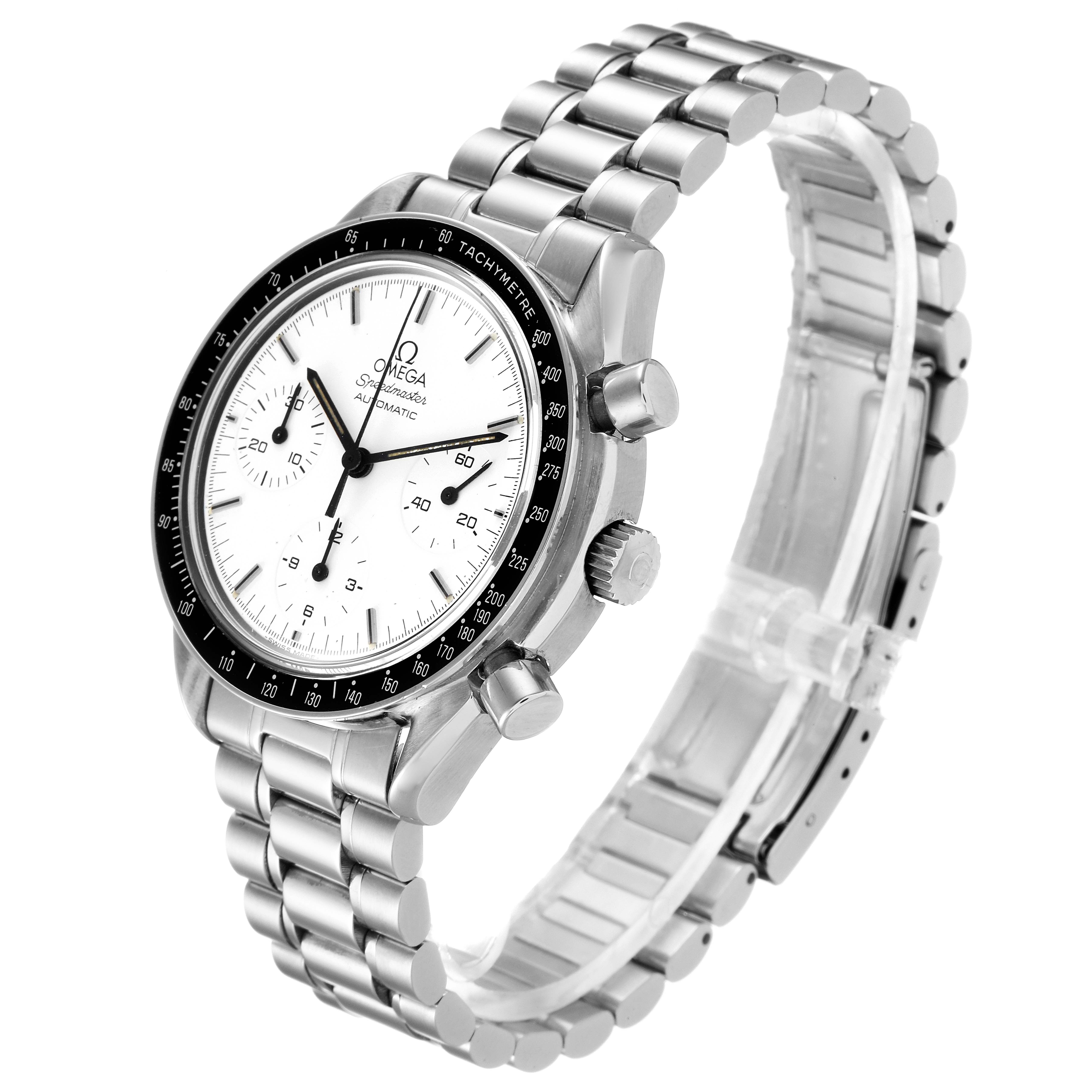 The Omega Speedmaster 3510.20.00 Men's Stainless Steel White Dial 3510.20.00 Men's Stainless Steel White Dial watch is shown at a three-quarter angle, displaying the face, bezel, crown, pushers, and metal bracelet.