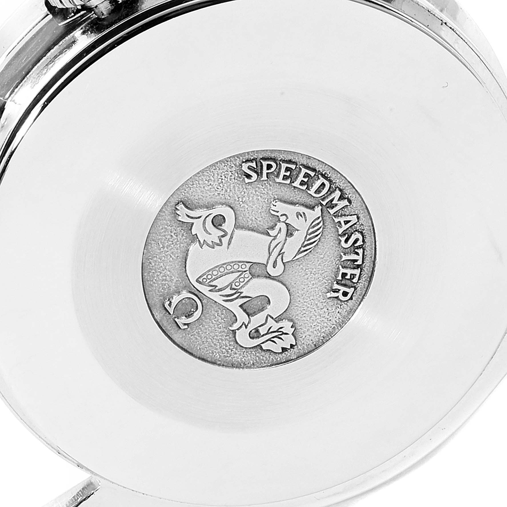 This image shows the case back of an Omega Speedmaster 3510.20.00 Men's Stainless Steel White Dial 3510.20.00 Men's Stainless Steel White Dial watch from a close-up angle.