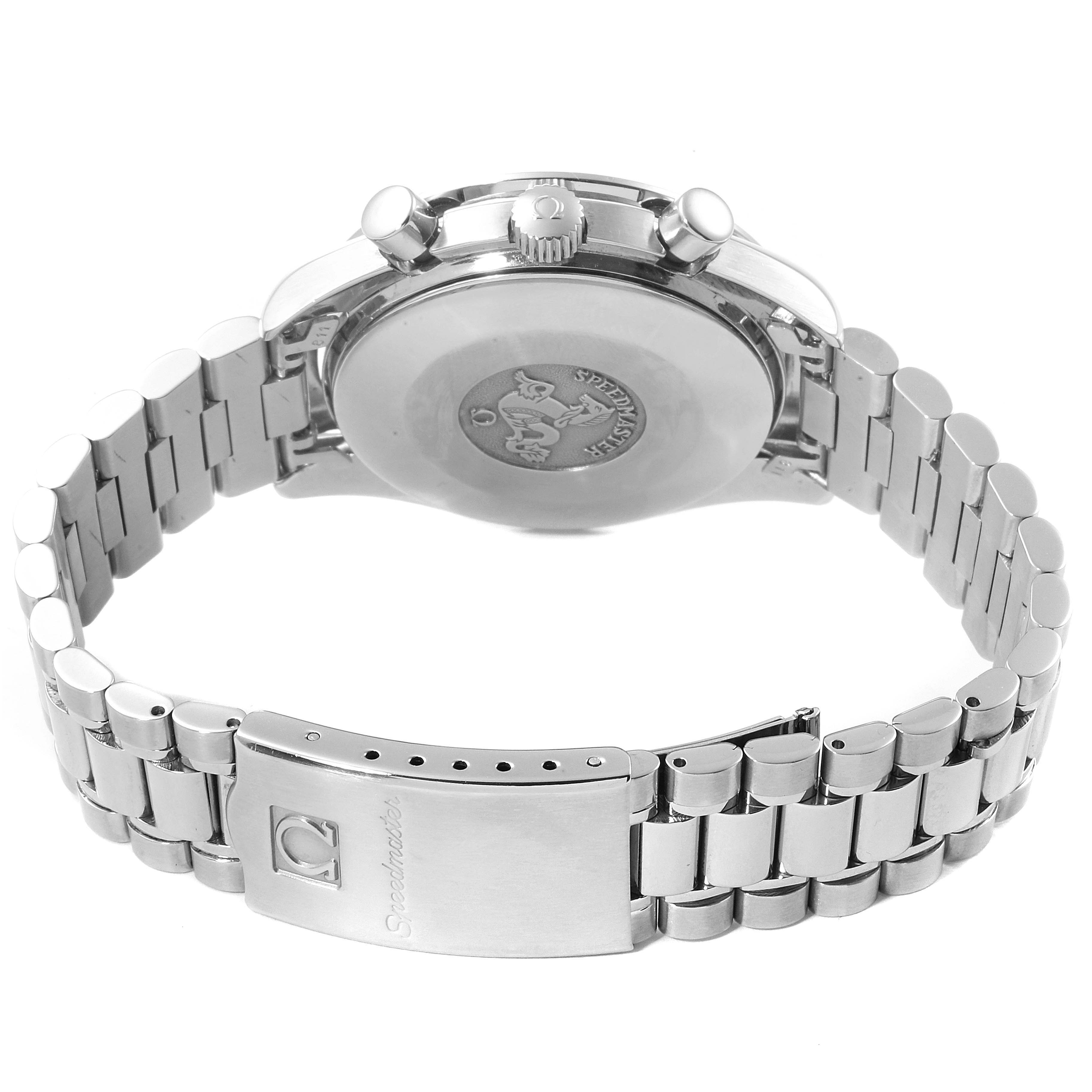 The image shows the back view of an Omega Speedmaster 3510.20.00 Men's Stainless Steel White Dial 3510.20.00 Men's Stainless Steel White Dial watch, highlighting its case back, bracelet, and clasp.