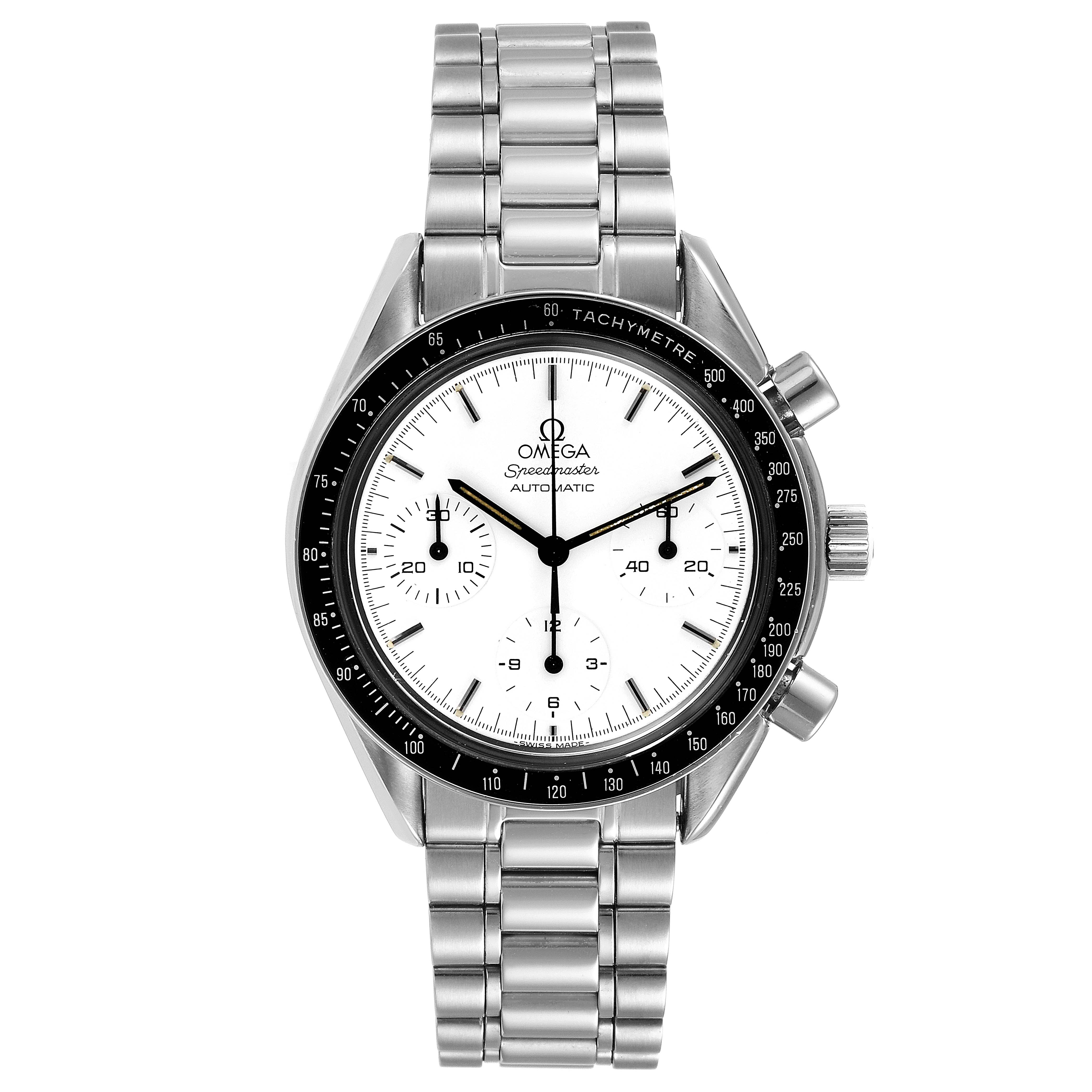 The image shows a front view of an Omega Speedmaster 3510.20.00 Men's Stainless Steel White Dial 3510.20.00 Men's Stainless Steel White Dial watch, featuring its face, bezel, pushers, and bracelet.
