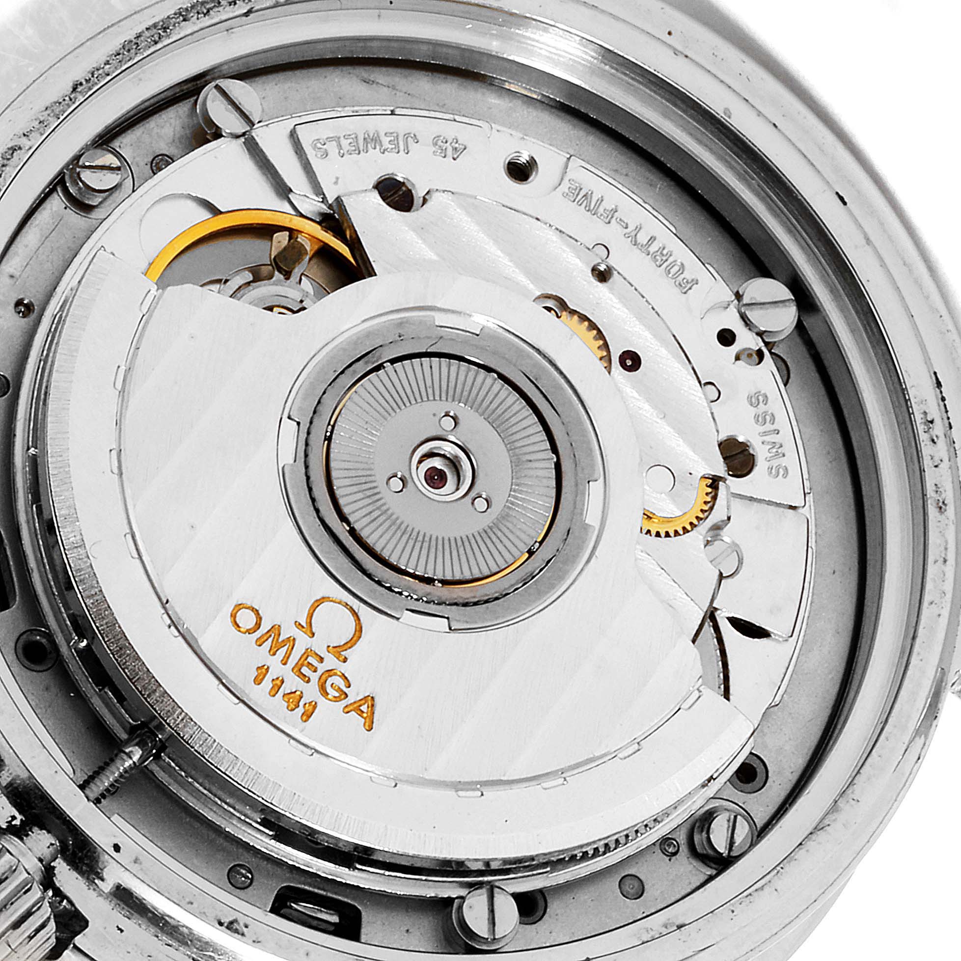 This image shows a close-up of the internal mechanism of an Omega Speedmaster 3510.20.00 Men's Stainless Steel White Dial 3510.20.00 Men's Stainless Steel White Dial watch, focusing on the movement components.