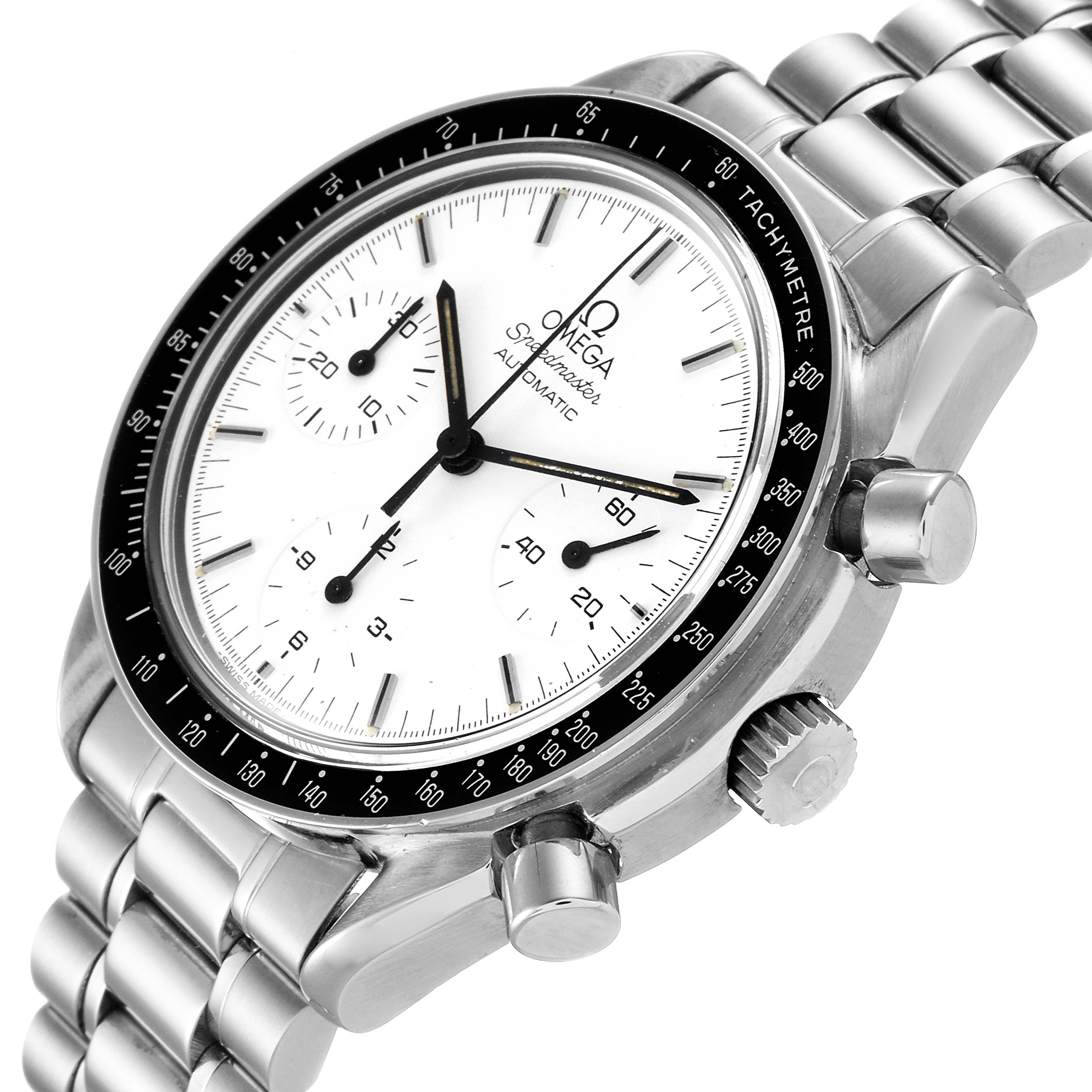 The Omega Speedmaster 3510.20.00 Men's Stainless Steel White Dial 3510.20.00 Men's Stainless Steel White Dial watch is shown at an angled view, highlighting the face, tachymetre bezel, and stainless steel bracelet.